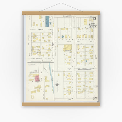 Old map wall art mockup — magnetic wood frame on white wall — Sanborn Fire Insurance Map from Escanaba, Delta County, Michigan (1913), Sheet #0013