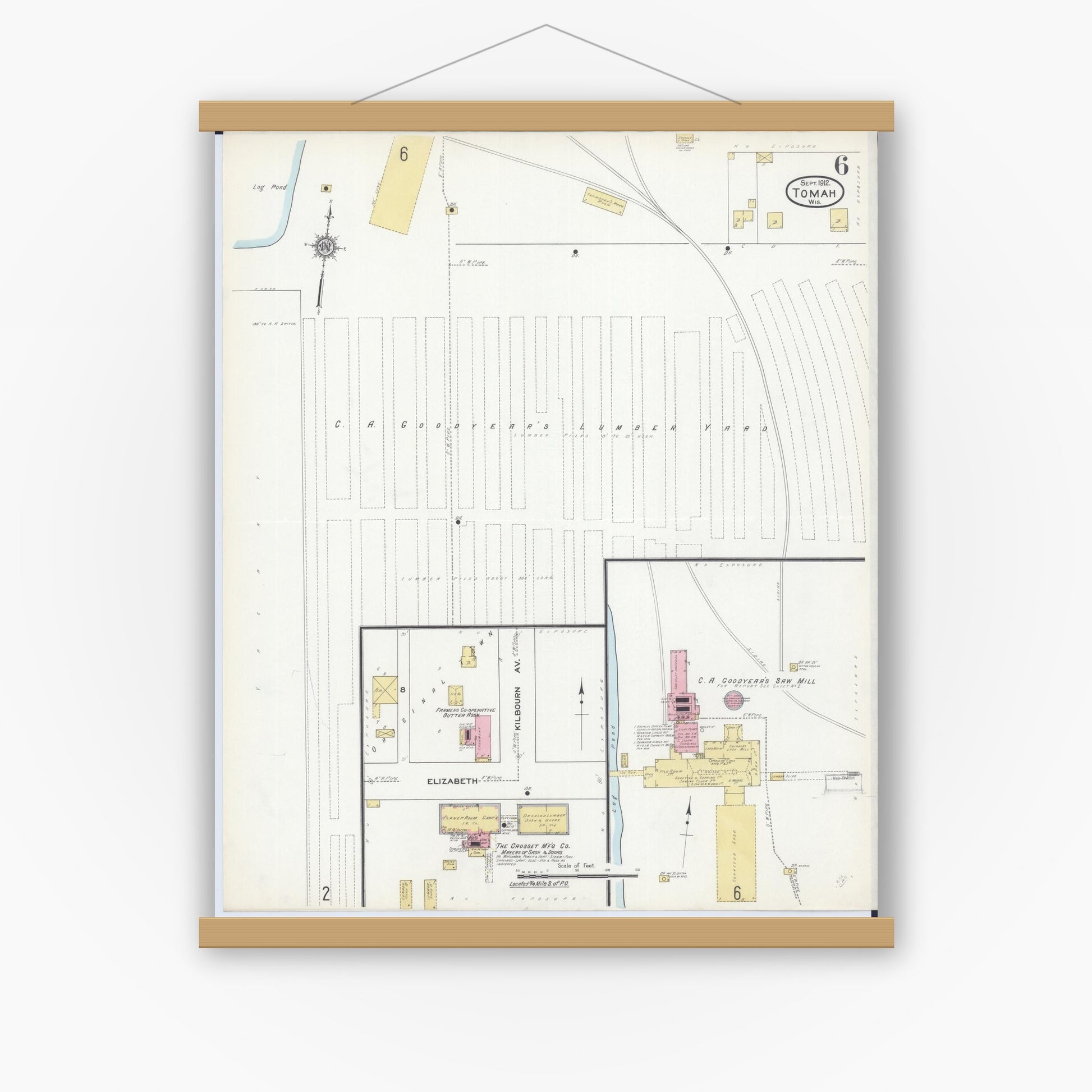 Old map wall art mockup — magnetic wood frame on white wall — Sanborn Fire Insurance Map from Tomah, Monroe County, Wisconsin (1912), Sheet #0006