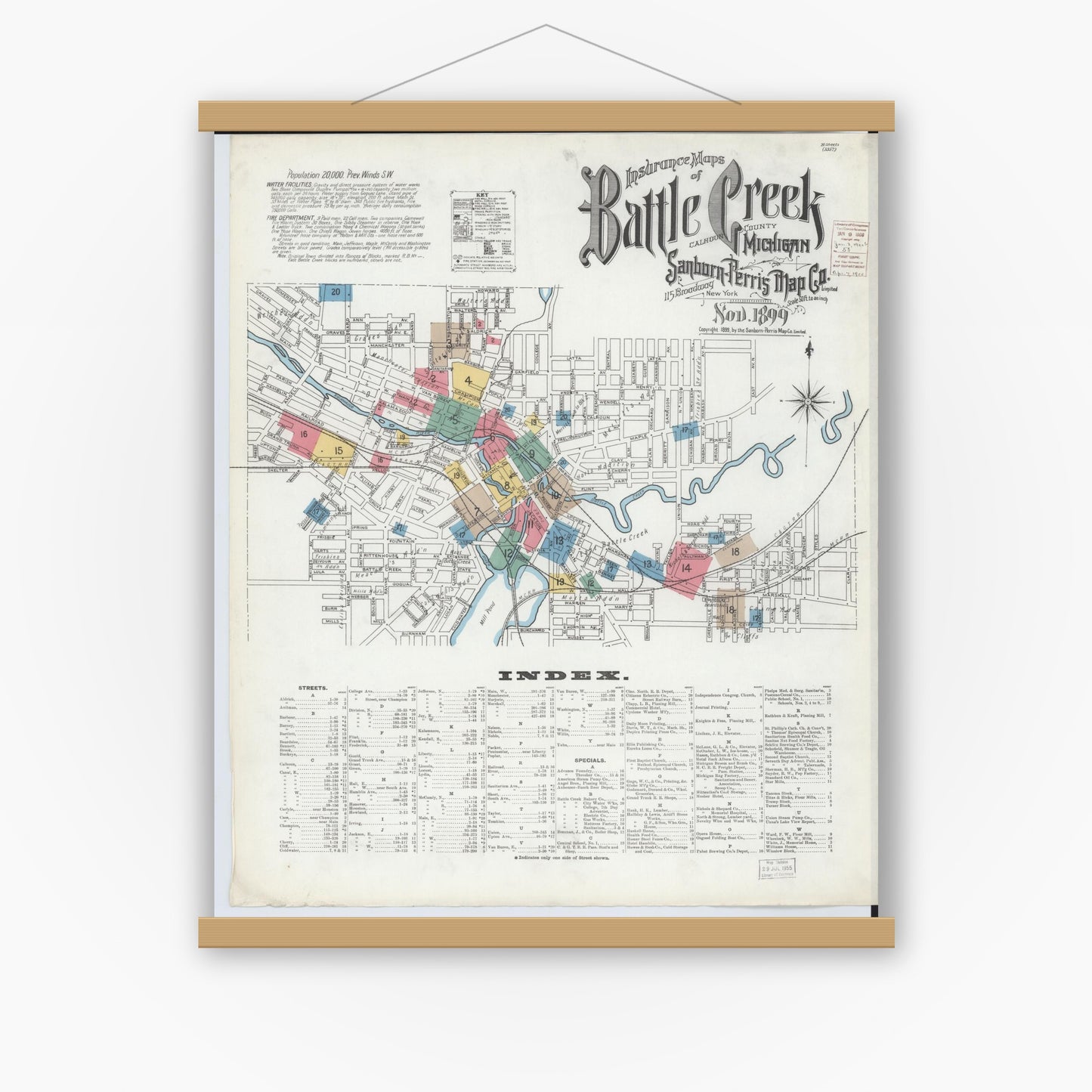 Old map wall art mockup — magnetic wood frame on white wall — Sanborn Fire Insurance Map from Battle Creek, Calhoun County, Michigan (1899) - Complete Map Set