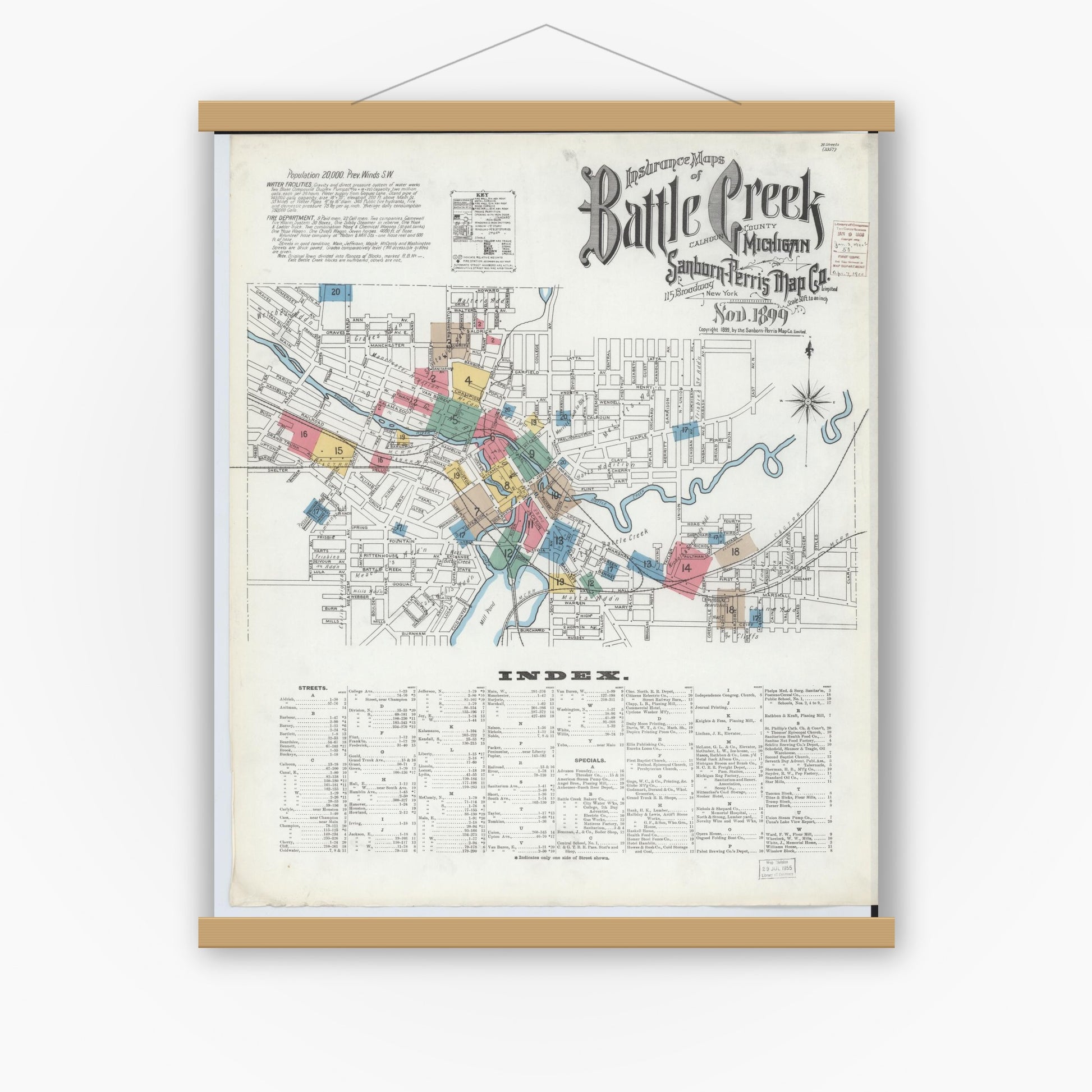 Old map wall art mockup — magnetic wood frame on white wall — Sanborn Fire Insurance Map from Battle Creek, Calhoun County, Michigan (1899) - Complete Map Set