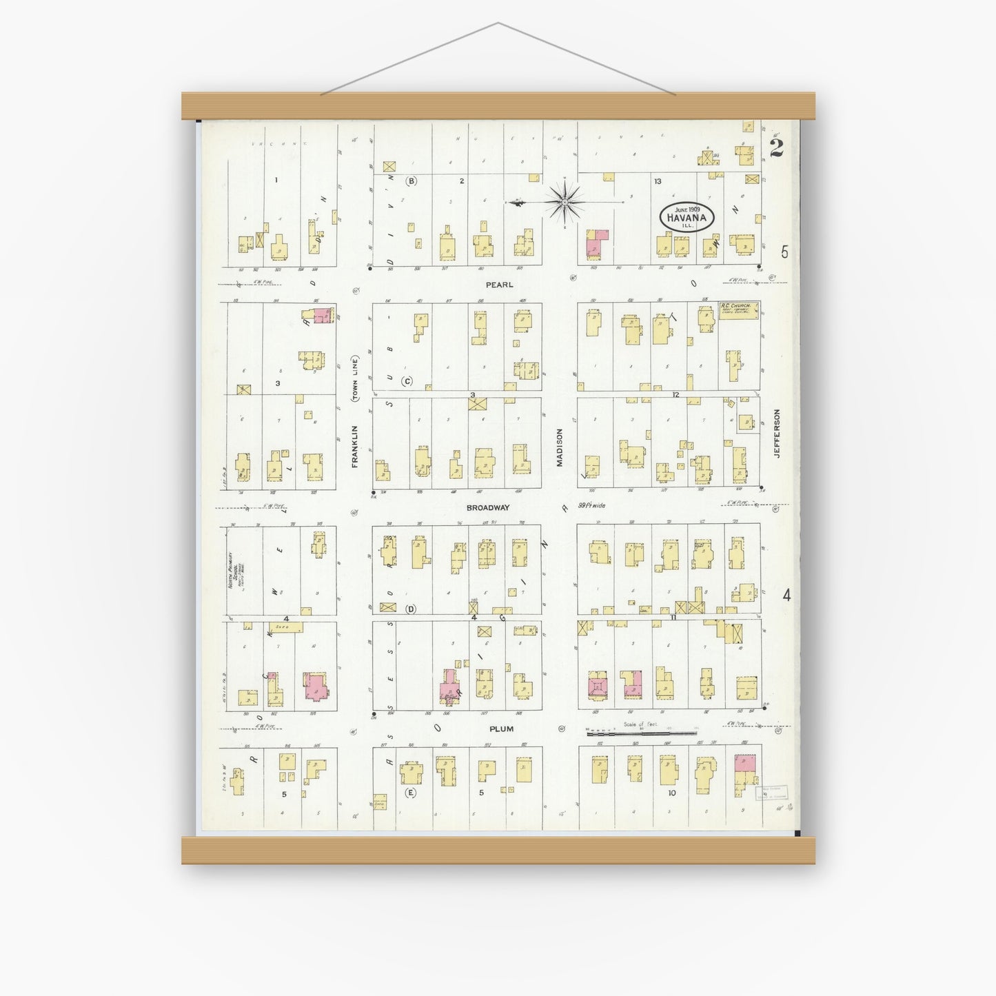 Old map wall art mockup — magnetic wood frame on white wall — Sanborn Fire Insurance Map from Havana, Mason County, Illinois (1909), Sheet #0002