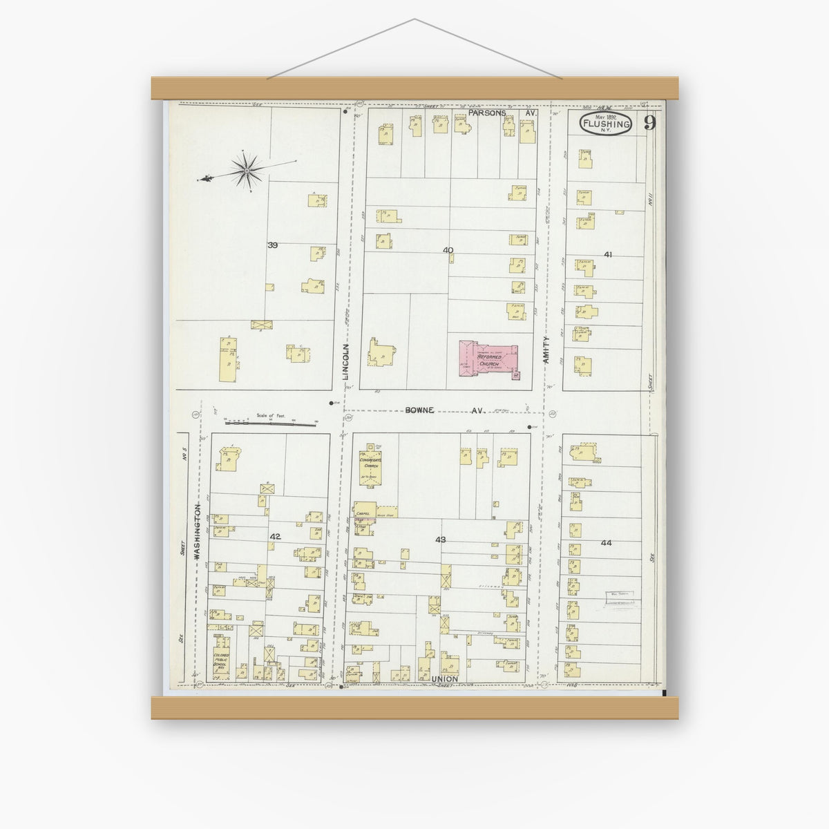 Old map wall art mockup — magnetic wood frame on white wall — Sanborn Fire Insurance Map from Flushing, Queens County, New York (1892), Sheet #0009