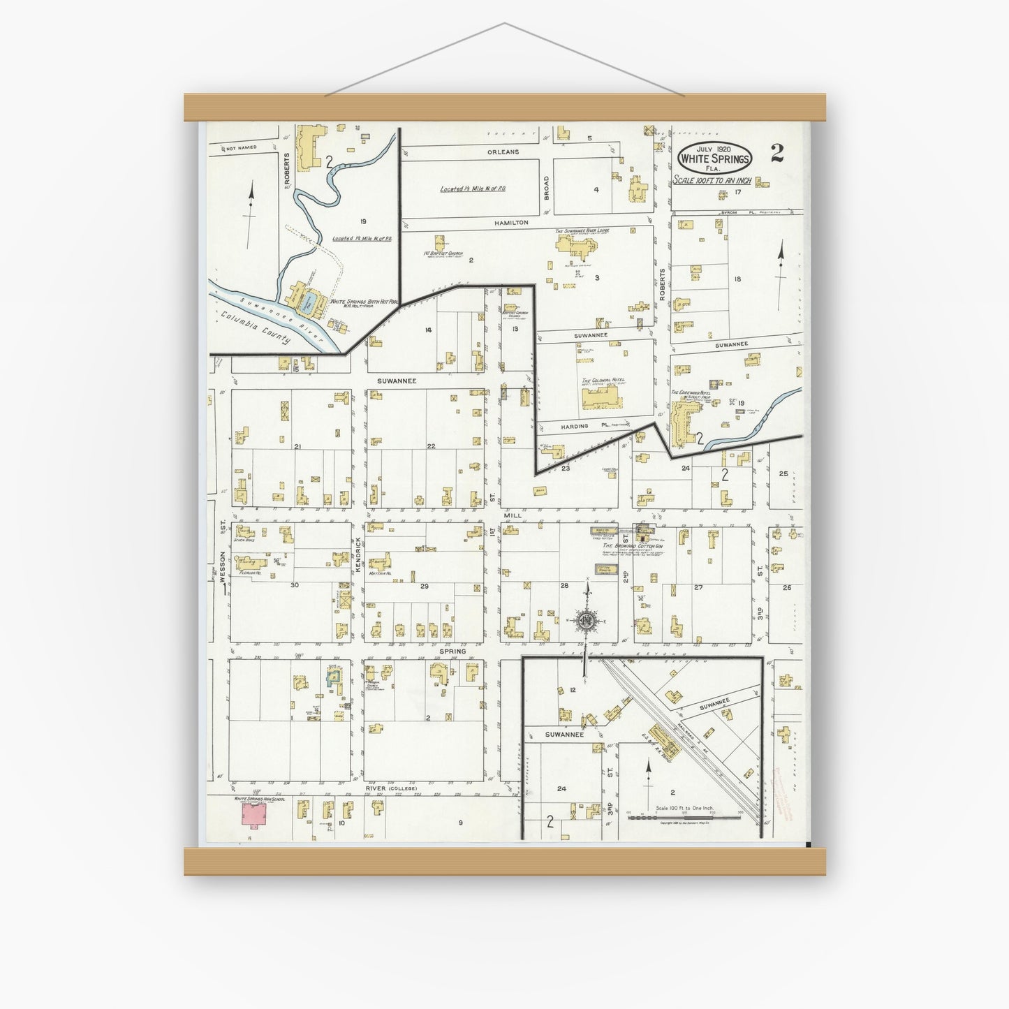 Old map wall art mockup — magnetic wood frame on white wall — Sanborn Fire Insurance Map from White Springs, Hamilton County, Florida (1920), Sheet #0002