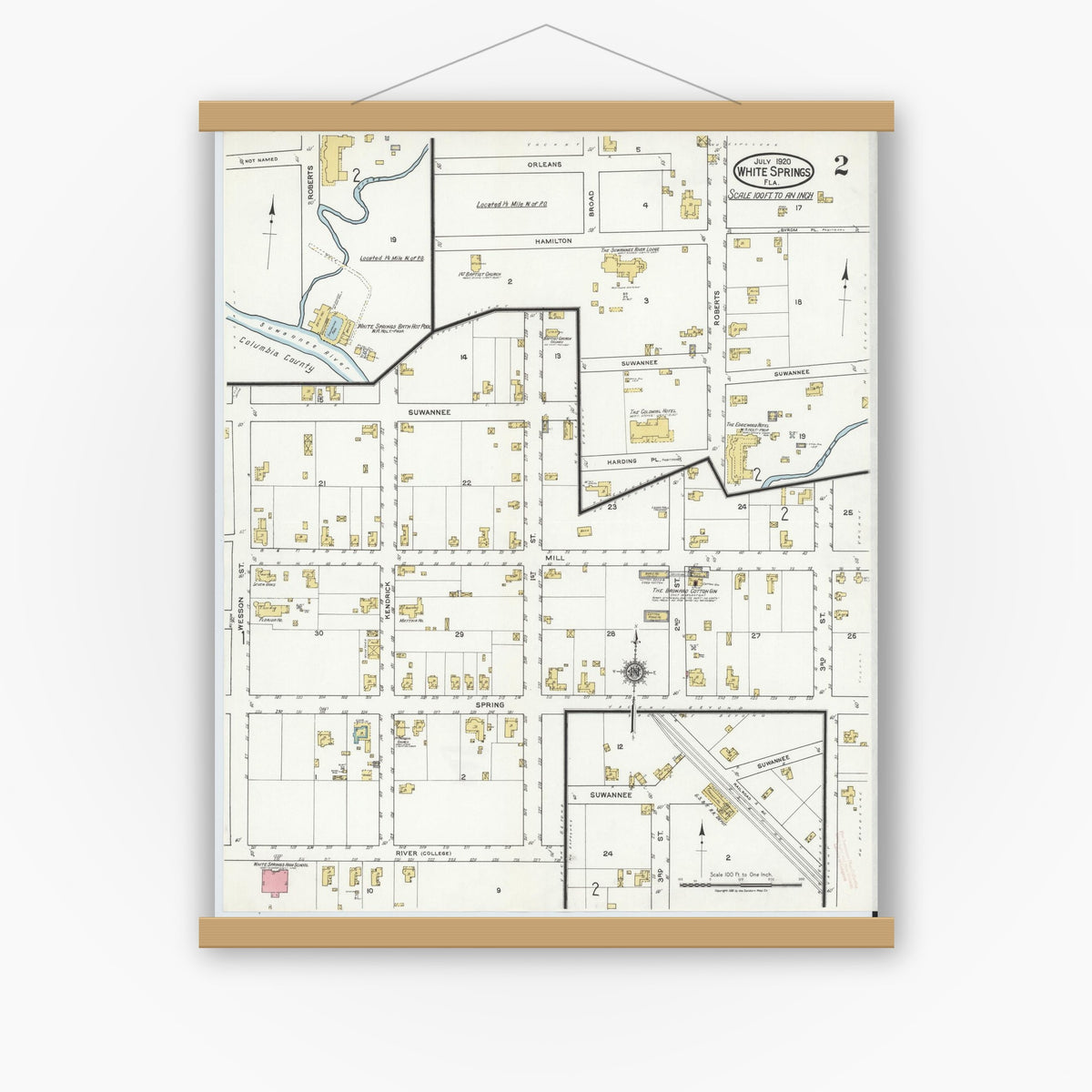 Old map wall art mockup — magnetic wood frame on white wall — Sanborn Fire Insurance Map from White Springs, Hamilton County, Florida (1920), Sheet #0002