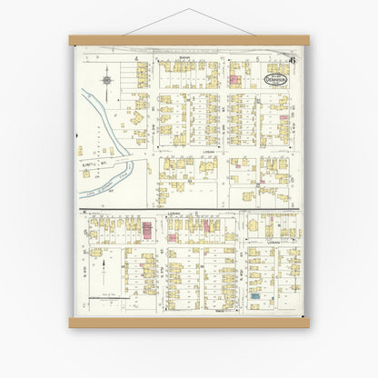 Old map wall art mockup — magnetic wood frame on white wall — Sanborn Fire Insurance Map from Dennison, Tuscarawas County, Ohio (1921), Sheet #0006