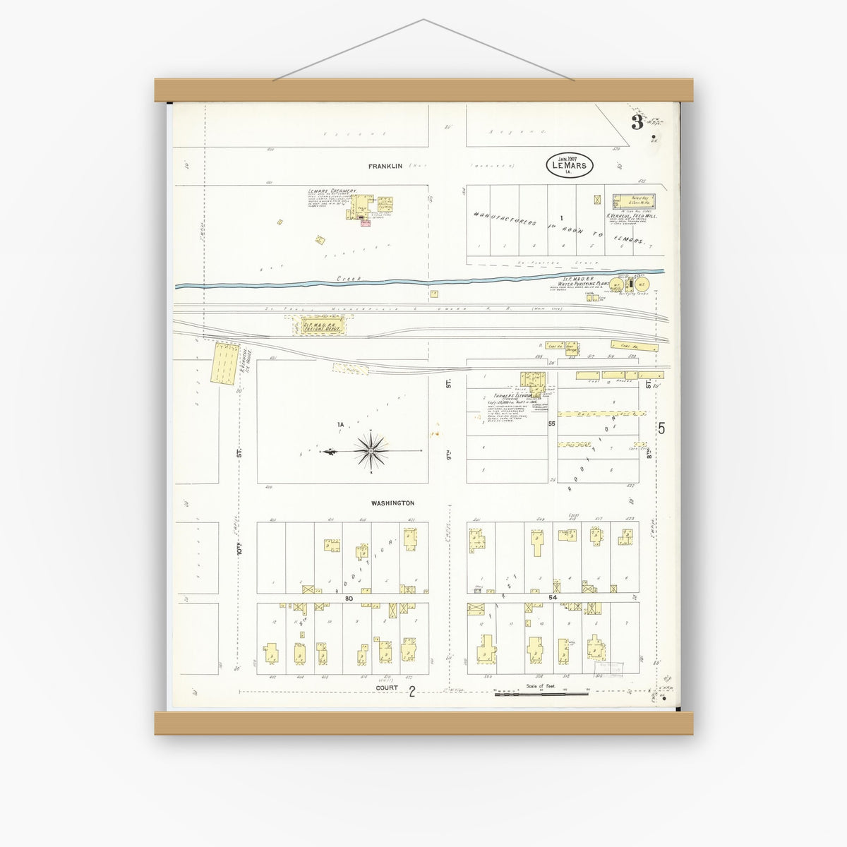 Old map wall art mockup — magnetic wood frame on white wall — Sanborn Fire Insurance Map from Le Mars, Plymouth County, Iowa (1907), Sheet #0003