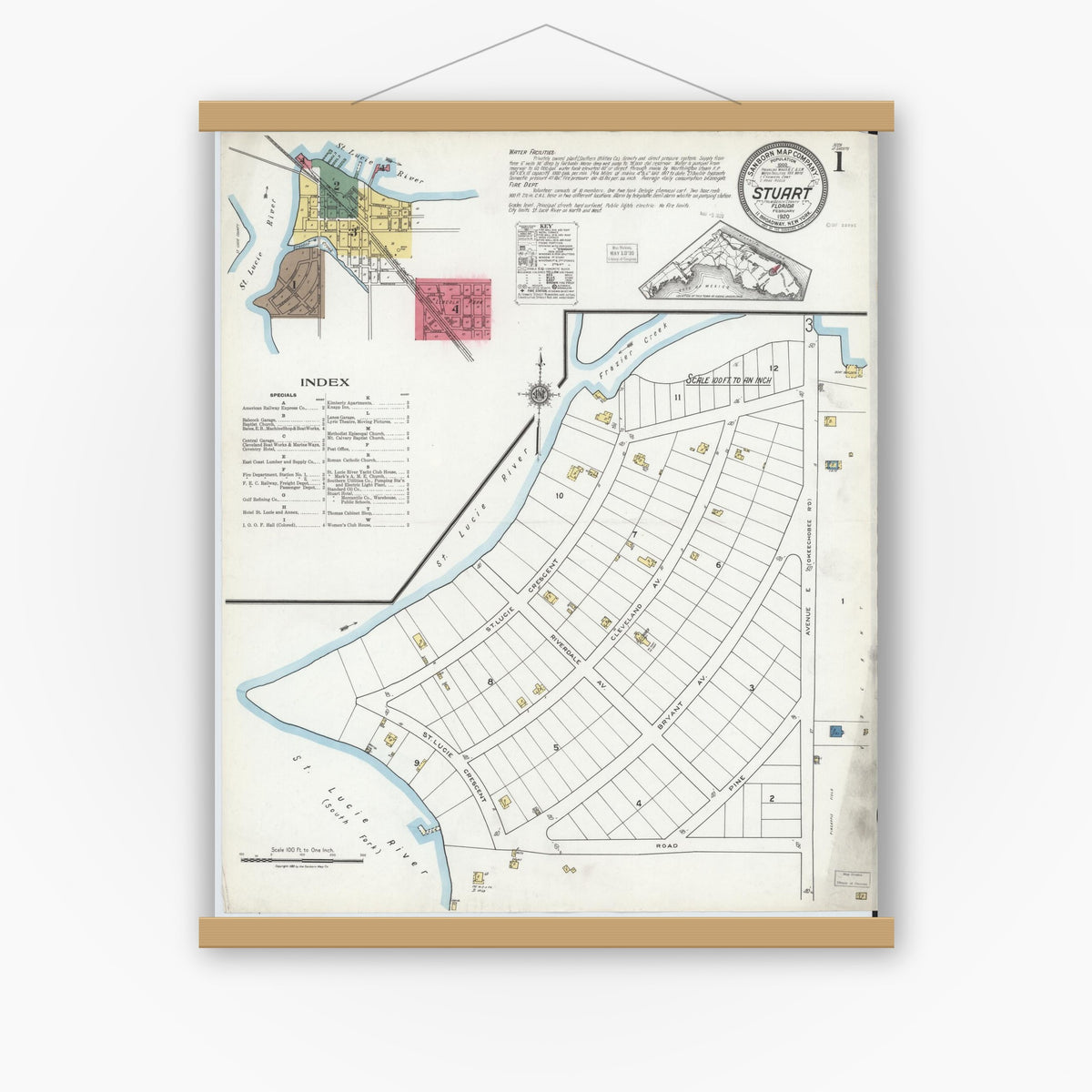 Old map wall art mockup — magnetic wood frame on white wall — Sanborn Fire Insurance Map from Stuart, Martin County, Florida (1920), Sheet #0001
