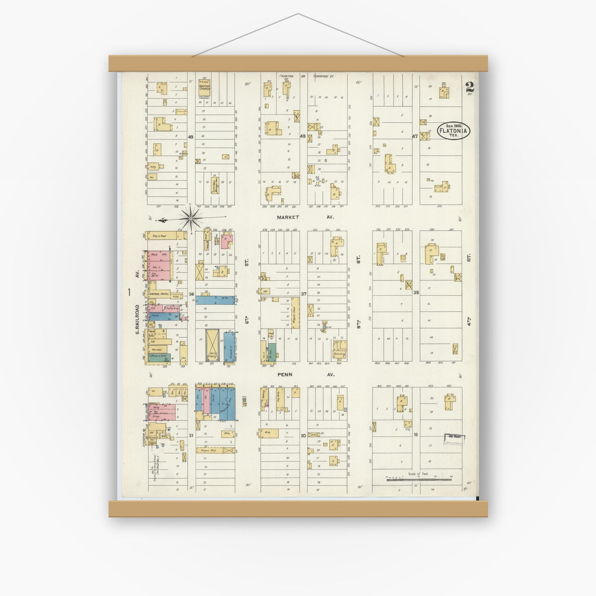 Old map wall art mockup — magnetic wood frame on white wall — Sanborn Fire Insurance Map from Flatonia, Fayette County, Texas (1906), Sheet #0002
