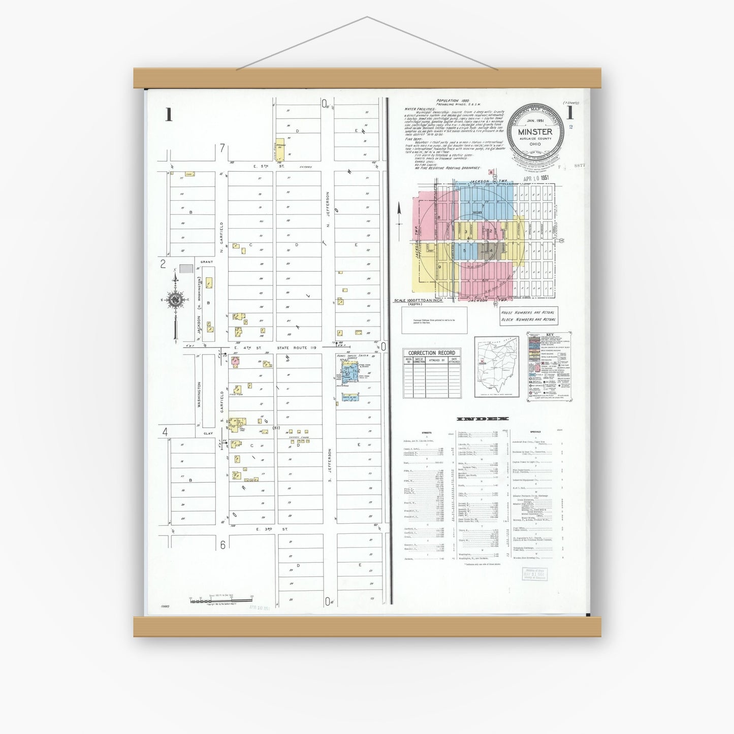 Old map wall art mockup — magnetic wood frame on white wall — Sanborn Fire Insurance Map from Minster, Auglaize County, Ohio (1951) - Complete Map Set