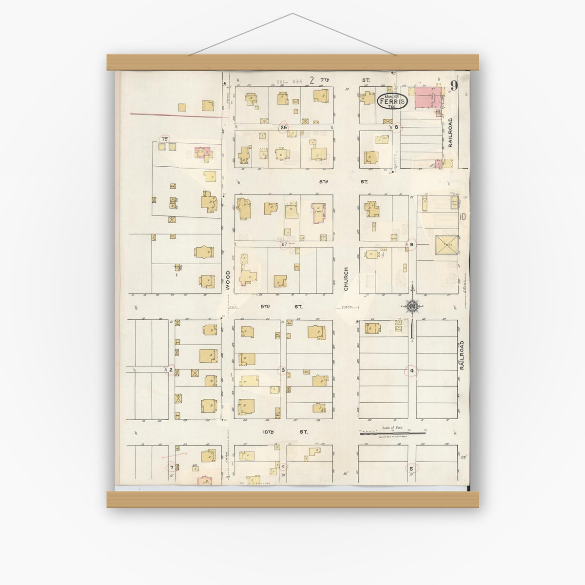 Old map wall art mockup — magnetic wood frame on white wall — Sanborn Fire Insurance Map from Ferris, Ellis County, Texas (1941), Sheet #0009