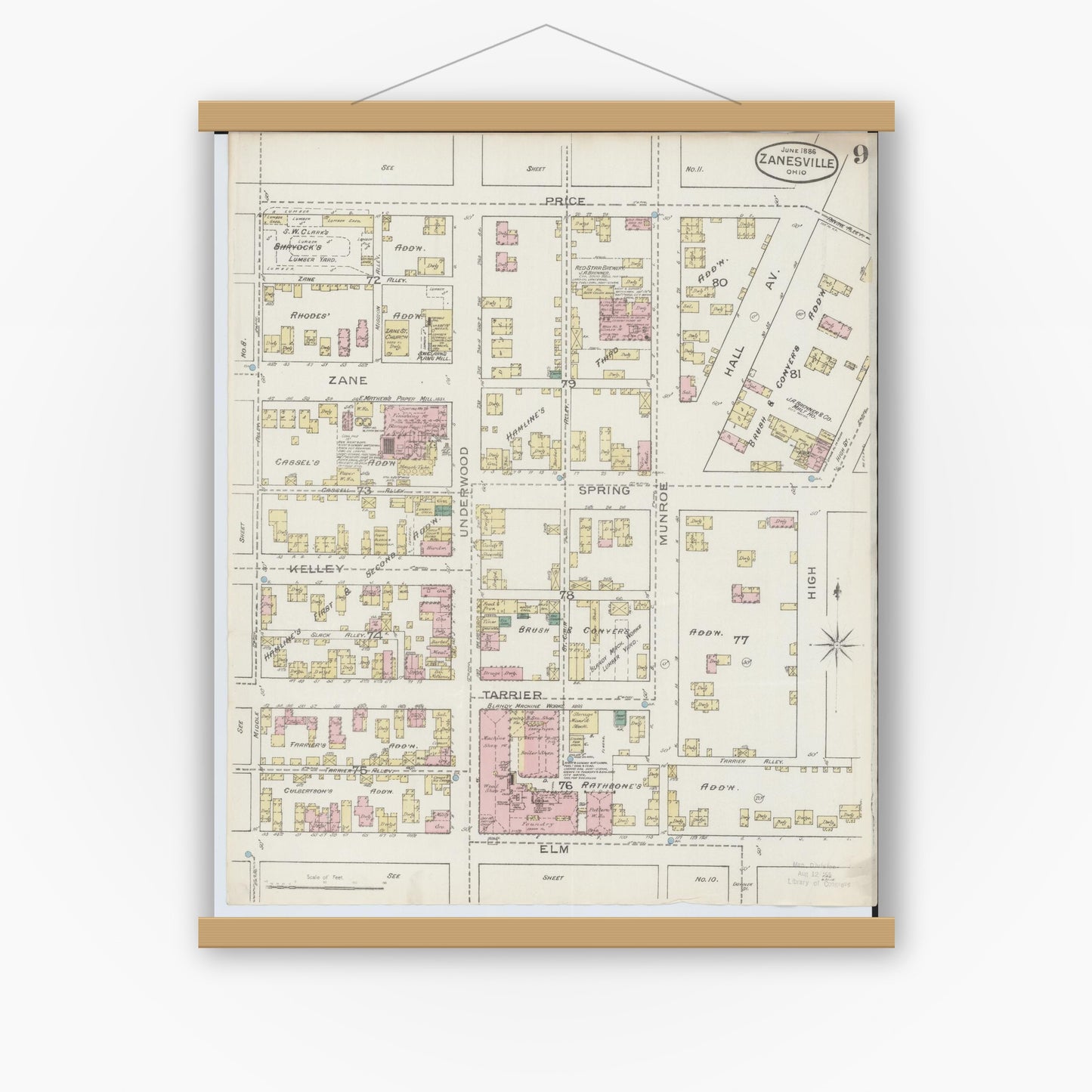 Old map wall art mockup — magnetic wood frame on white wall — Sanborn Fire Insurance Map from Zanesville, Muskingum County, Ohio (1886), Sheet #0009