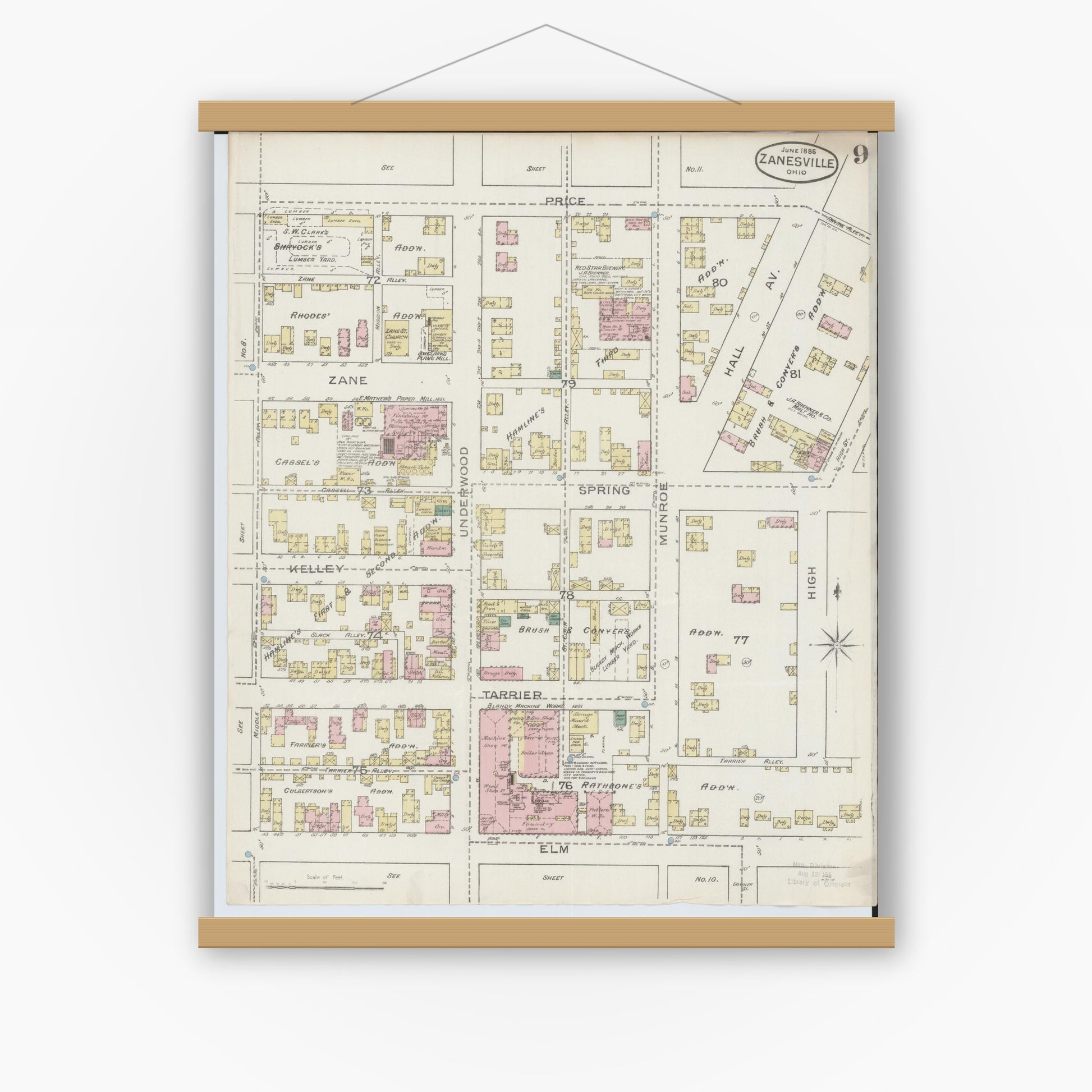 Old map wall art mockup — magnetic wood frame on white wall — Sanborn Fire Insurance Map from Zanesville, Muskingum County, Ohio (1886), Sheet #0009