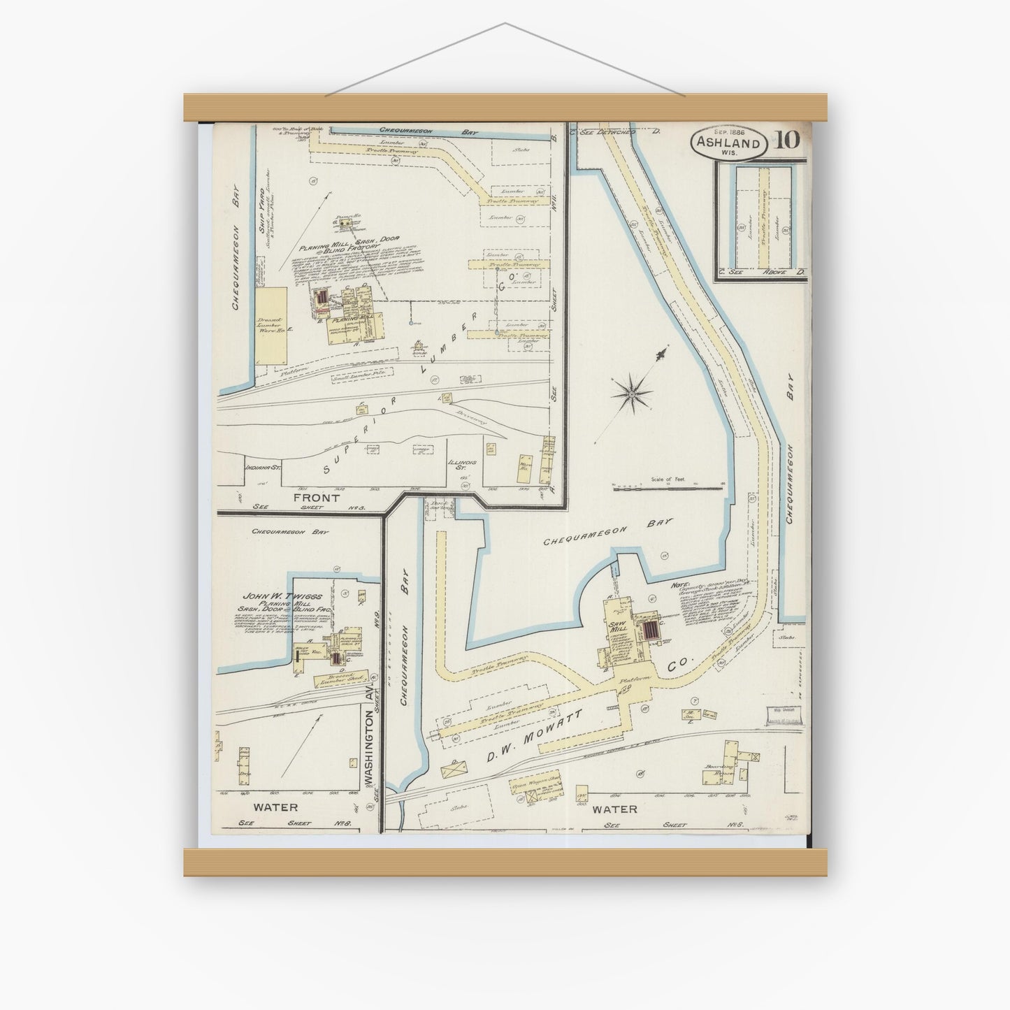Old map wall art mockup — magnetic wood frame on white wall — Sanborn Fire Insurance Map from Ashland, Ashland County, Wisconsin (1886), Sheet #0010