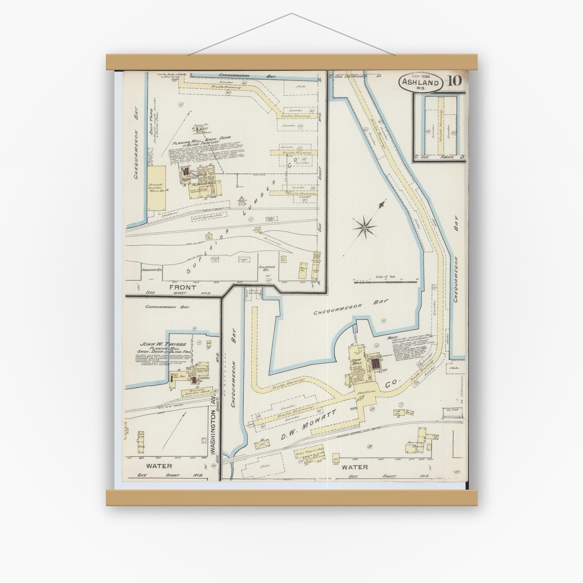 Old map wall art mockup — magnetic wood frame on white wall — Sanborn Fire Insurance Map from Ashland, Ashland County, Wisconsin (1886), Sheet #0010