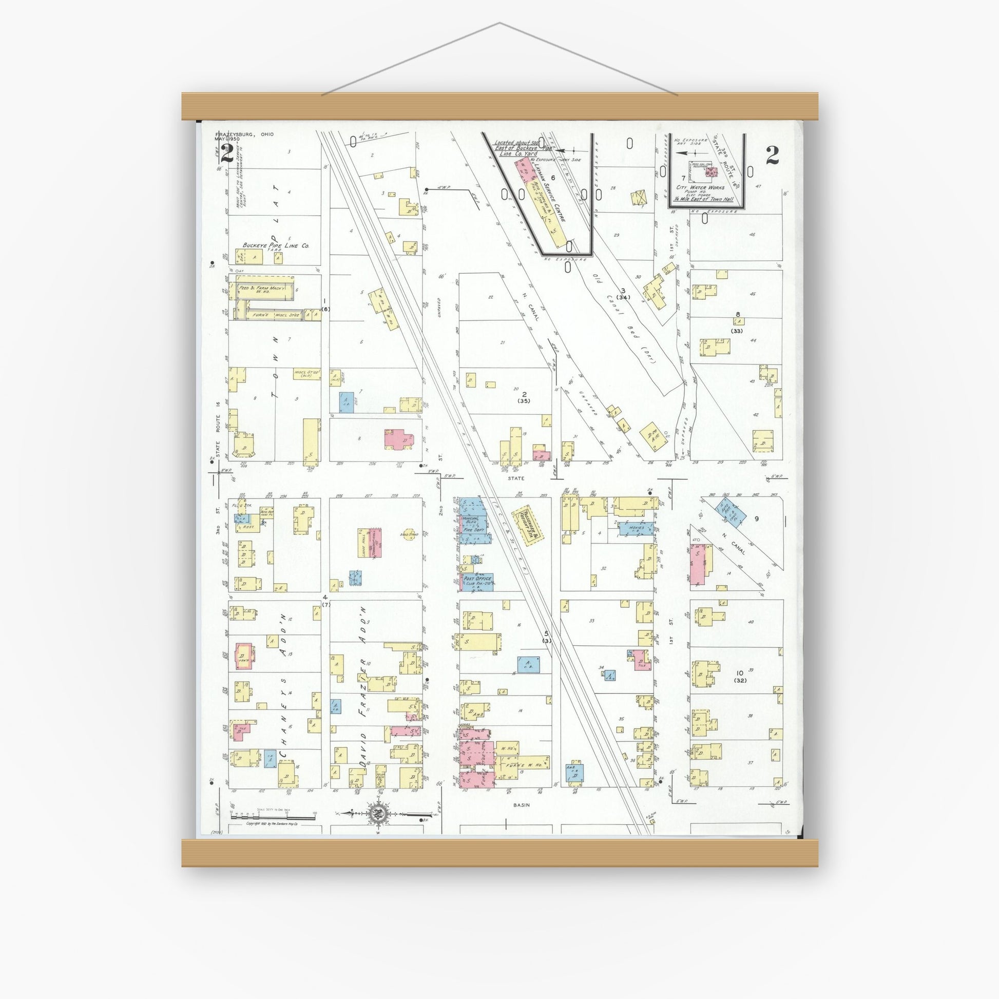 Old map wall art mockup — magnetic wood frame on white wall — Sanborn Fire Insurance Map from Frazeysburg, Muskingum County, Ohio (1950), Sheet #0002