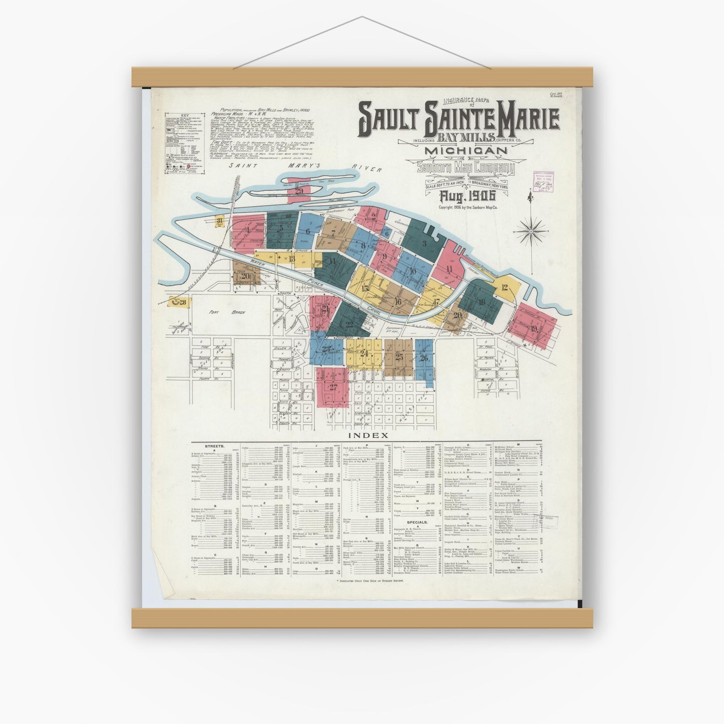 Old map wall art mockup — magnetic wood frame on white wall — Sanborn Fire Insurance Map from Sault Sainte Marie, Chippewa County, Michigan (1906) - Complete Map Set