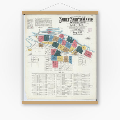 Old map wall art mockup — magnetic wood frame on white wall — Sanborn Fire Insurance Map from Sault Sainte Marie, Chippewa County, Michigan (1906) - Complete Map Set