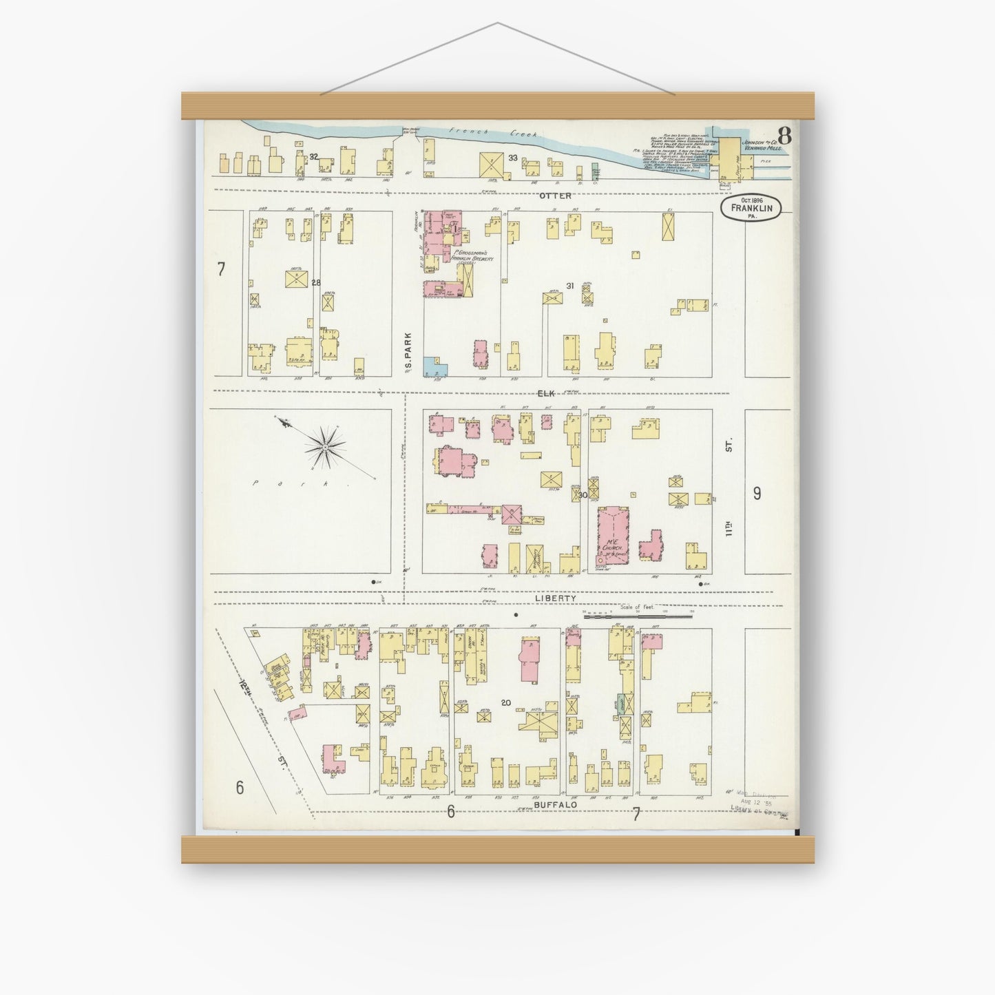 Old map wall art mockup — magnetic wood frame on white wall — Sanborn Fire Insurance Map from Franklin, Venango County, Pennsylvania (1896), Sheet #0008
