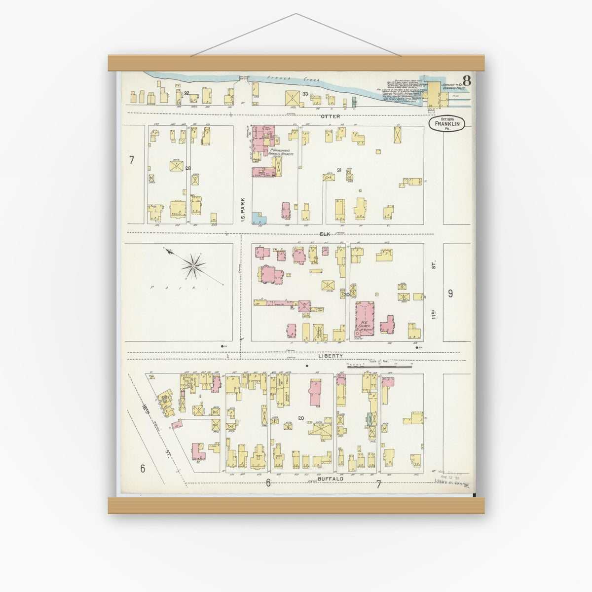 Old map wall art mockup — magnetic wood frame on white wall — Sanborn Fire Insurance Map from Franklin, Venango County, Pennsylvania (1896), Sheet #0008