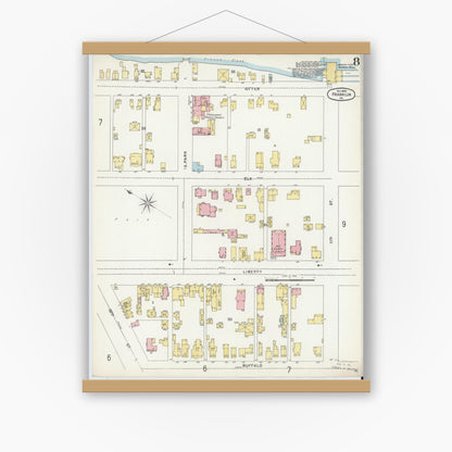 Old map wall art mockup — magnetic wood frame on white wall — Sanborn Fire Insurance Map from Franklin, Venango County, Pennsylvania (1896), Sheet #0008