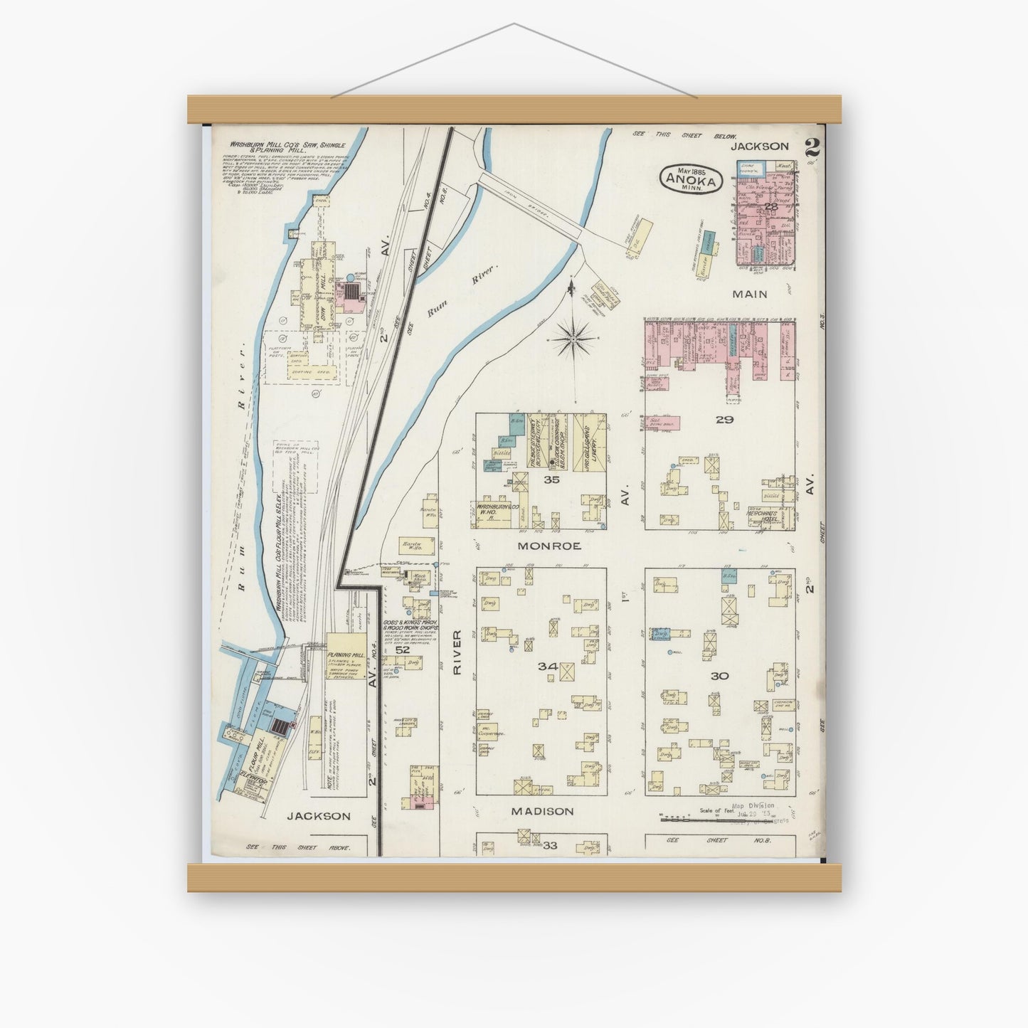 Old map wall art mockup — magnetic wood frame on white wall — Sanborn Fire Insurance Map from Anoka, Anoka County, Minnesota (1885), Sheet #0002