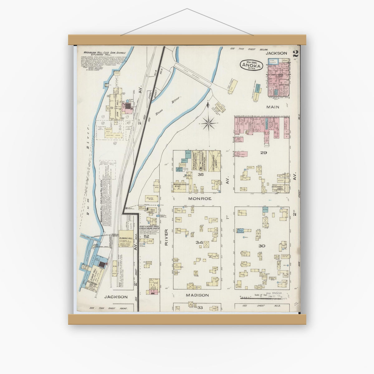 Old map wall art mockup — magnetic wood frame on white wall — Sanborn Fire Insurance Map from Anoka, Anoka County, Minnesota (1885), Sheet #0002