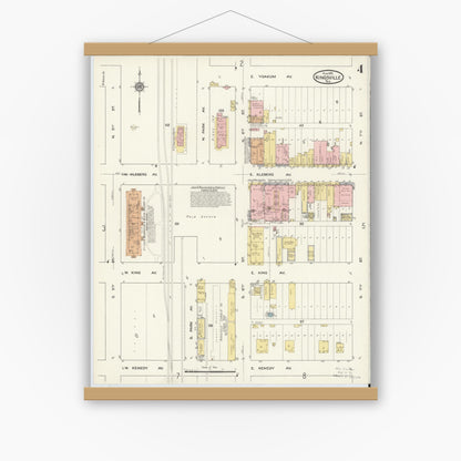 Old map wall art mockup — magnetic wood frame on white wall — Sanborn Fire Insurance Map from Kingsville, Kleberg County, Texas (1915), Sheet #0004