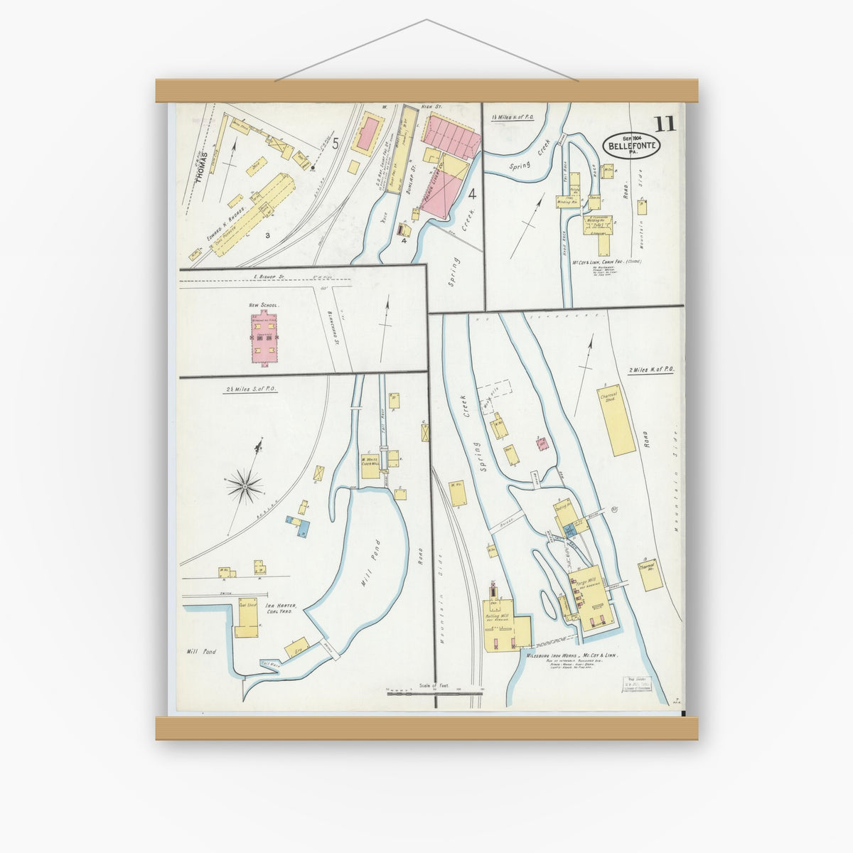Old map wall art mockup — magnetic wood frame on white wall — Sanborn Fire Insurance Map from Bellefonte, Centre County, Pennsylvania (1904), Sheet #0011