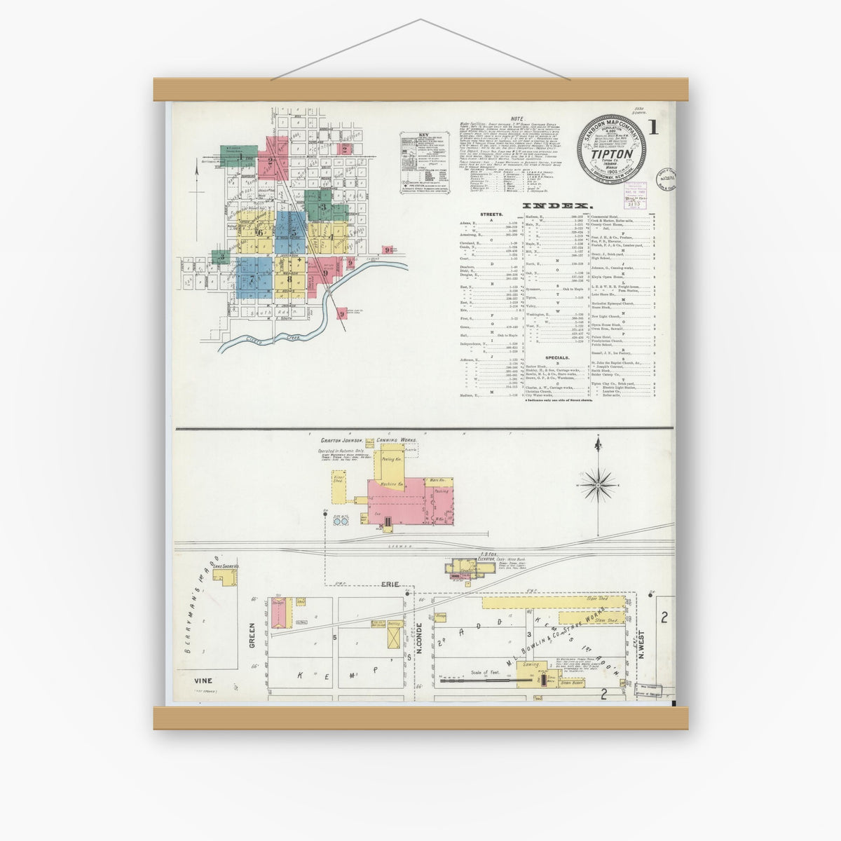 Old map wall art mockup — magnetic wood frame on white wall — Sanborn Fire Insurance Map from Tipton, Tipton County, Indiana (1902), Sheet #0001