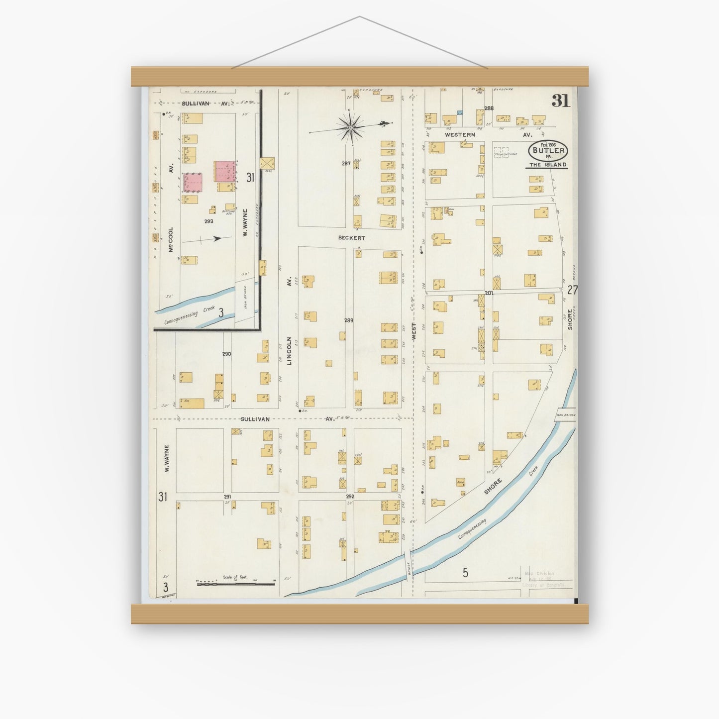 Old map wall art mockup — magnetic wood frame on white wall — Sanborn Fire Insurance Map from Butler, Butler County, Pennsylvania (1906), Sheet #0031