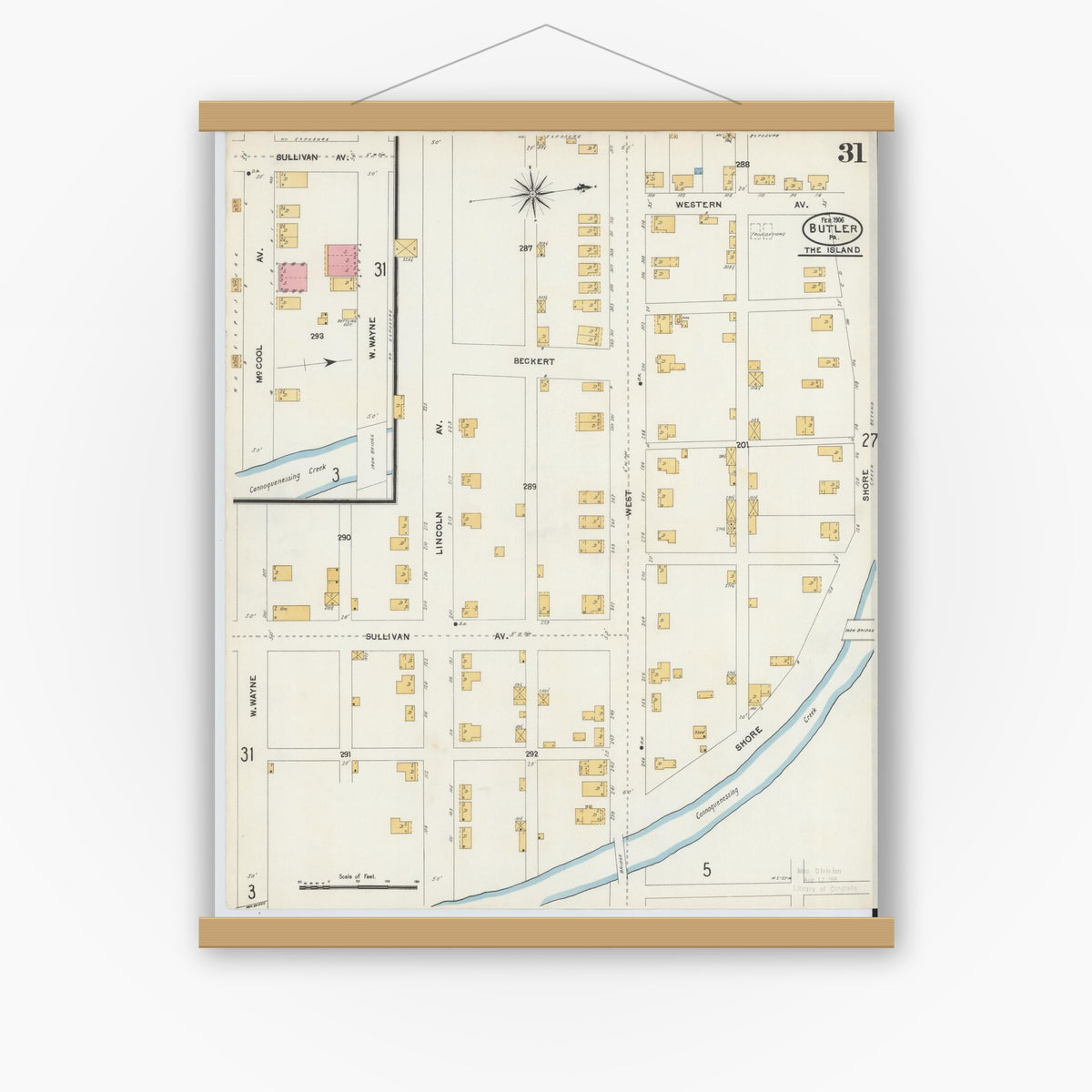 Old map wall art mockup — magnetic wood frame on white wall — Sanborn Fire Insurance Map from Butler, Butler County, Pennsylvania (1906), Sheet #0031
