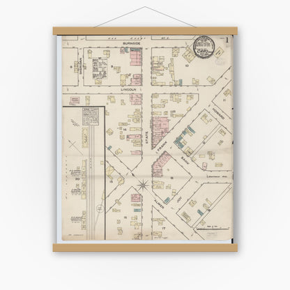 Old map wall art mockup — magnetic wood frame on white wall — Sanborn Fire Insurance Map from Caro, Tuscola County, Michigan (1884) - Complete Map Set