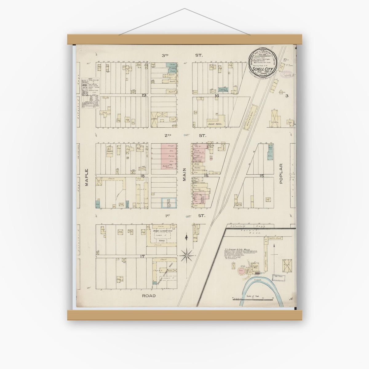 Old map wall art mockup — magnetic wood frame on white wall — Sanborn Fire Insurance Map from Schell City, Vernon County, Missouri (1886), Sheet #0001