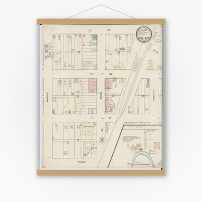 Old map wall art mockup — magnetic wood frame on white wall — Sanborn Fire Insurance Map from Schell City, Vernon County, Missouri (1886), Sheet #0001