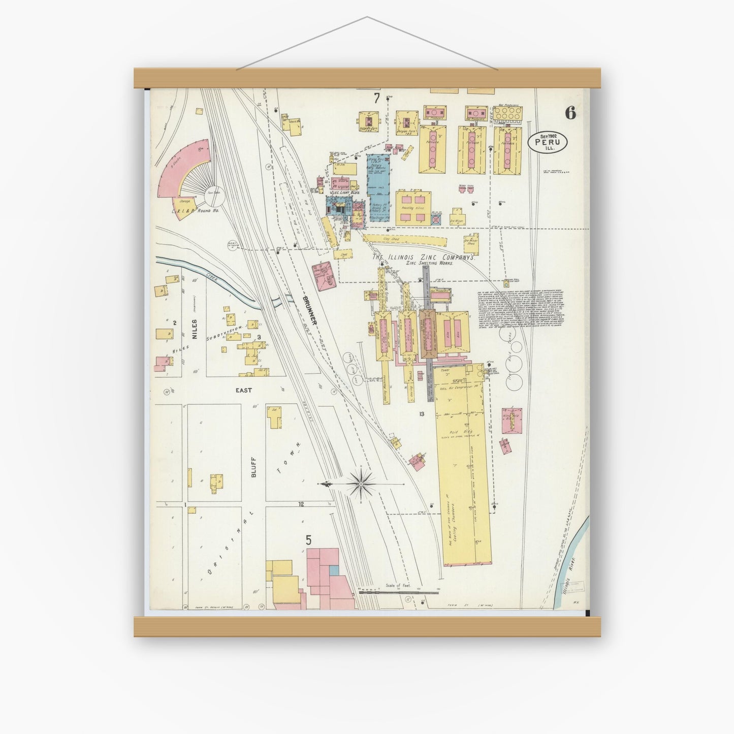 Old map wall art mockup — magnetic wood frame on white wall — Sanborn Fire Insurance Map from Peru, La Salle County, Illinois (1902), Sheet #0006