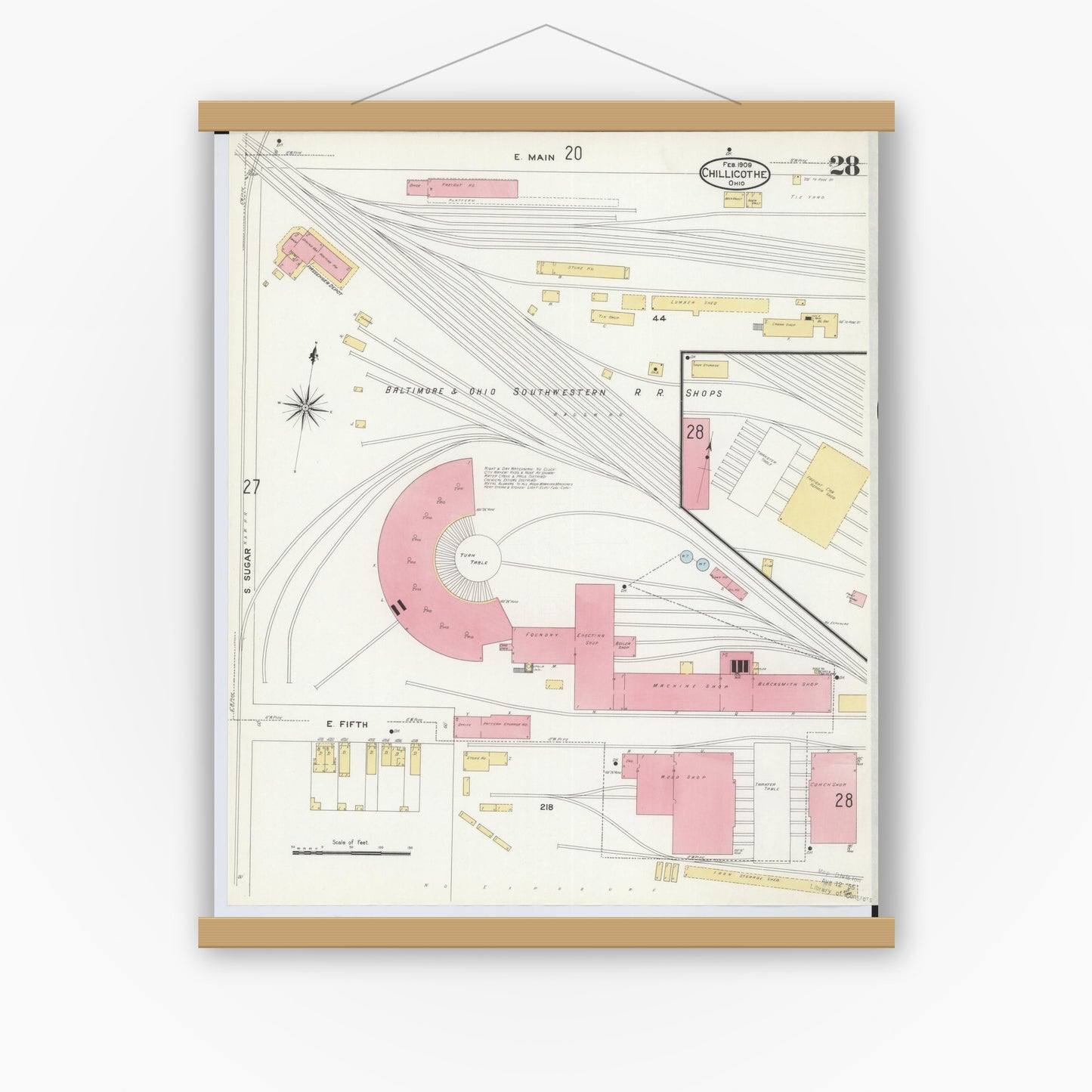 Old map wall art mockup — magnetic wood frame on white wall — Sanborn Fire Insurance Map from Chillicothe, Ross County, Ohio (1909), Sheet #0028