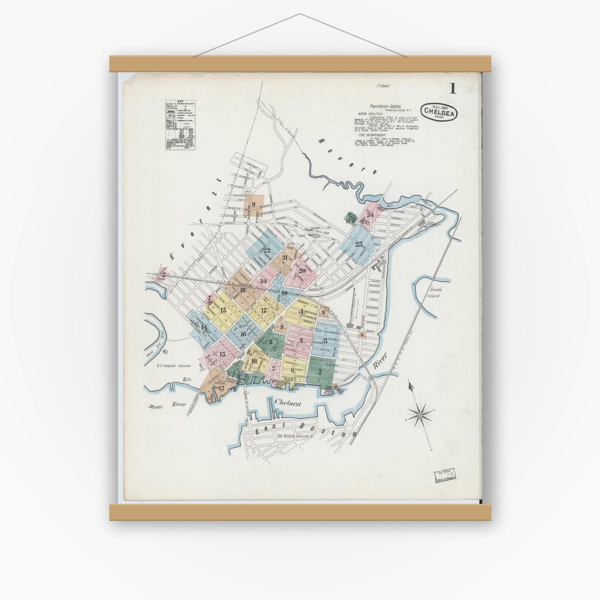 Old map wall art mockup — magnetic wood frame on white wall — Sanborn Fire Insurance Map from Chelsea, Suffolk County, Massachusetts (1889), Sheet #0001