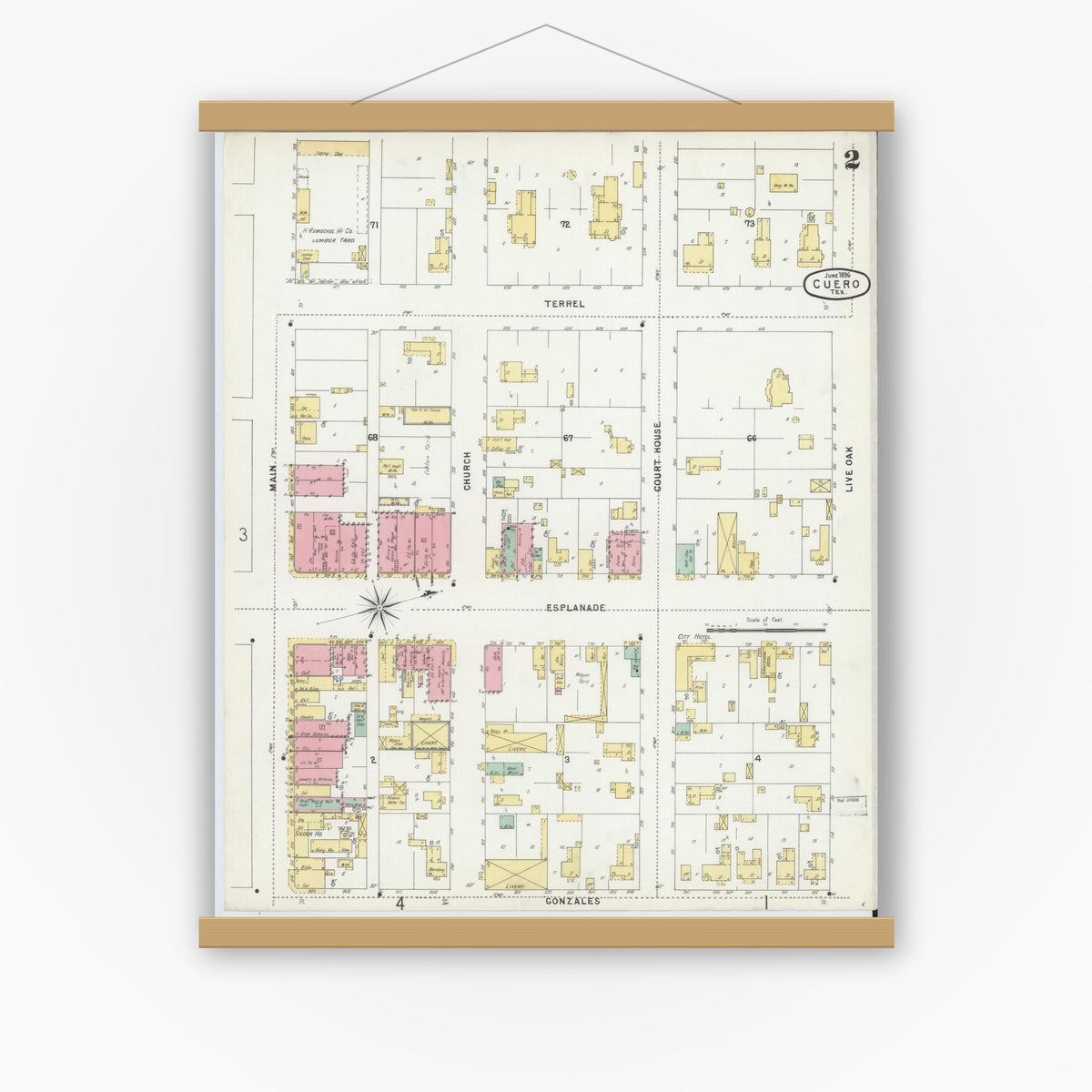 Old map wall art mockup — magnetic wood frame on white wall — Sanborn Fire Insurance Map from Cuero, De Witt County, Texas (1896), Sheet #0002