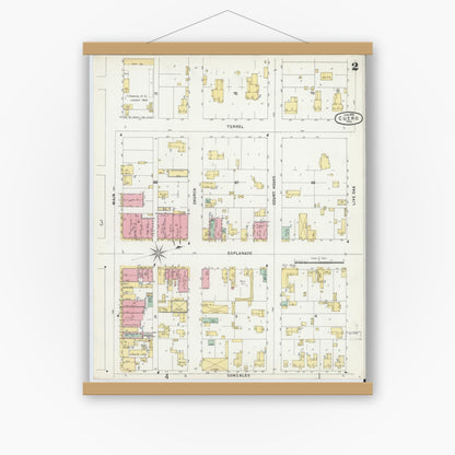 Old map wall art mockup — magnetic wood frame on white wall — Sanborn Fire Insurance Map from Cuero, De Witt County, Texas (1896), Sheet #0002
