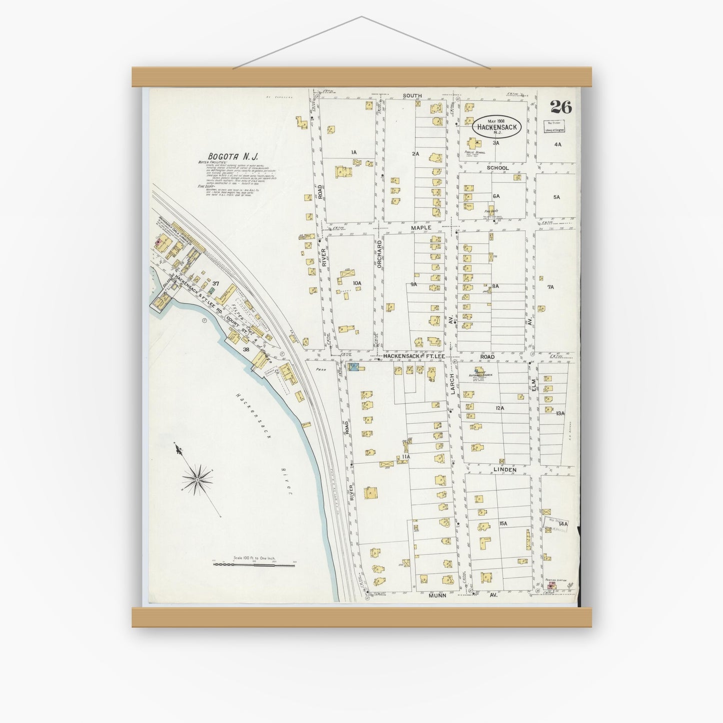 Old map wall art mockup — magnetic wood frame on white wall — Sanborn Fire Insurance Map from Hackensack, Bergen County, New Jersey (1908), Sheet #0026