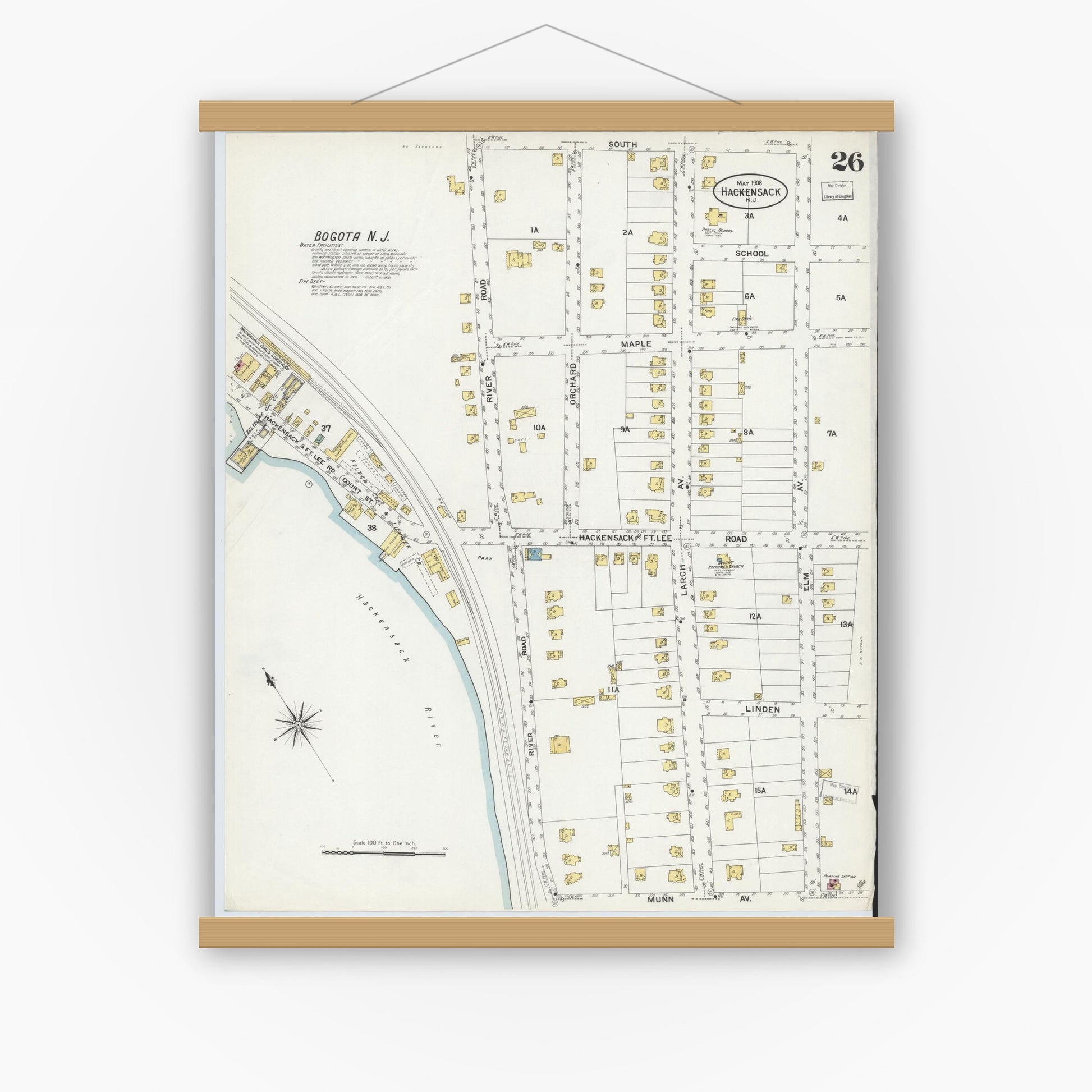 Old map wall art mockup — magnetic wood frame on white wall — Sanborn Fire Insurance Map from Hackensack, Bergen County, New Jersey (1908), Sheet #0026