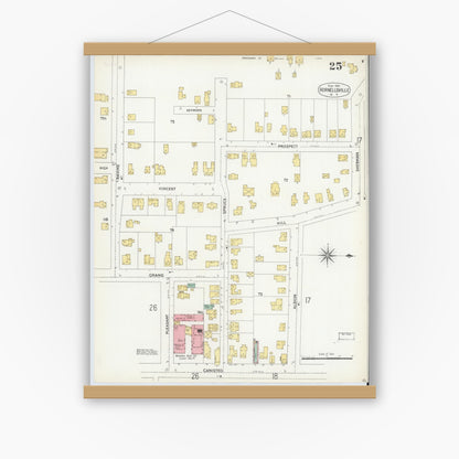Old map wall art mockup — magnetic wood frame on white wall — Sanborn Fire Insurance Map from Hornell, Steuben County, New York (1904), Sheet #0025