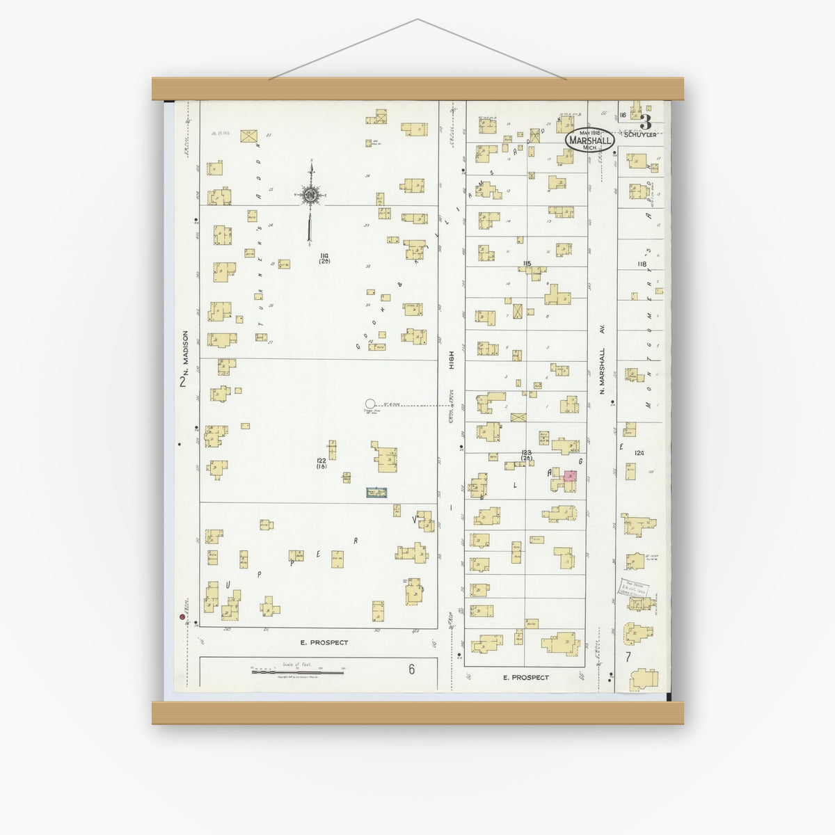 Old map wall art mockup — magnetic wood frame on white wall — Sanborn Fire Insurance Map from Marshall, Calhoun County, Michigan (1916), Sheet #0003
