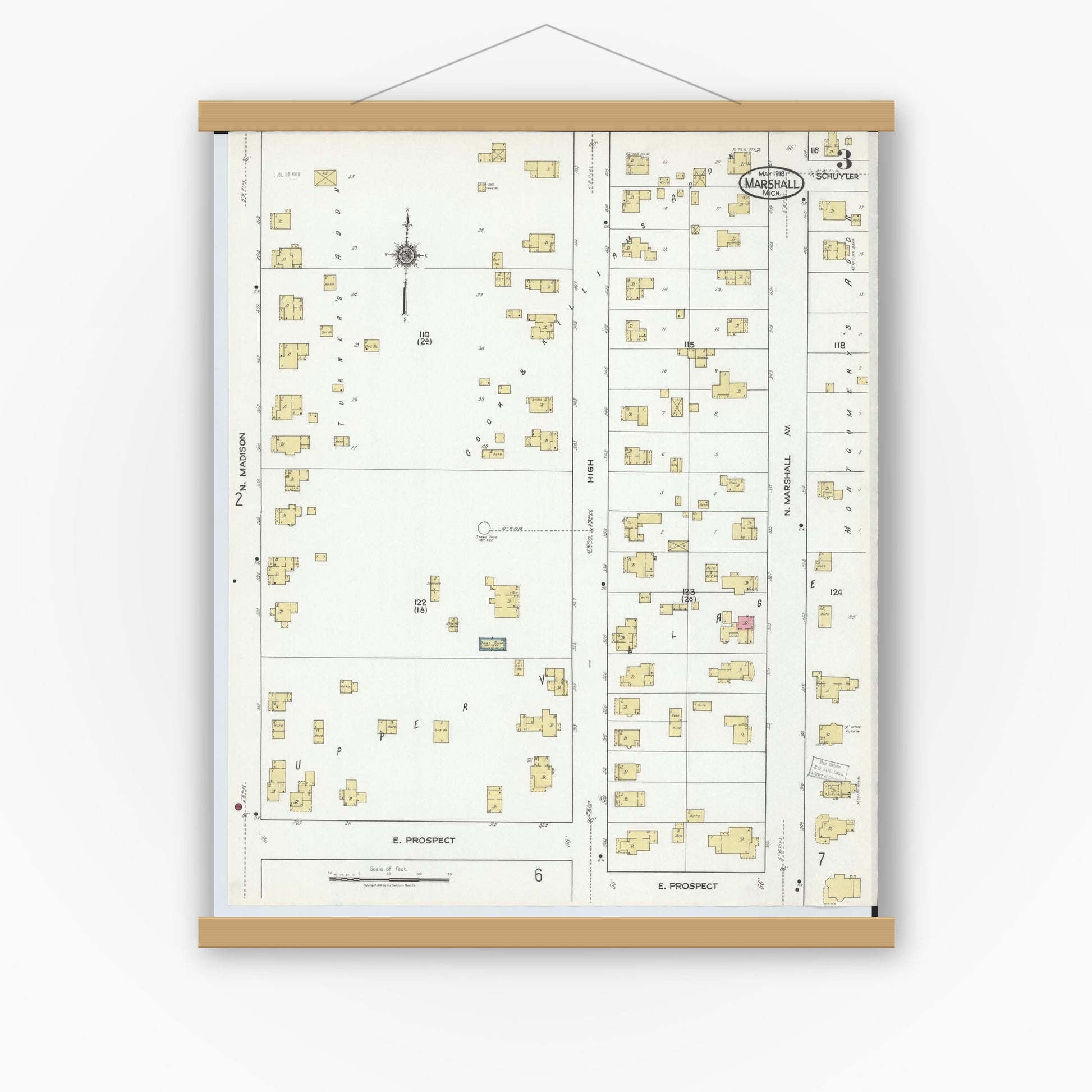 Old map wall art mockup — magnetic wood frame on white wall — Sanborn Fire Insurance Map from Marshall, Calhoun County, Michigan (1916), Sheet #0003