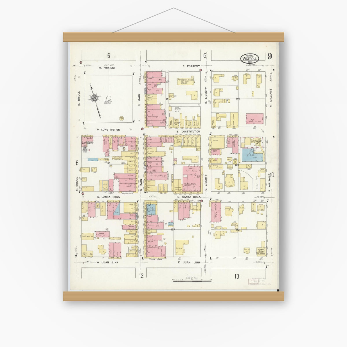 Old map wall art mockup — magnetic wood frame on white wall — Sanborn Fire Insurance Map from Victoria, Victoria County, Texas (1912), Sheet #0009