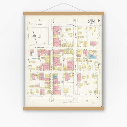 Old map wall art mockup — magnetic wood frame on white wall — Sanborn Fire Insurance Map from Victoria, Victoria County, Texas (1912), Sheet #0009