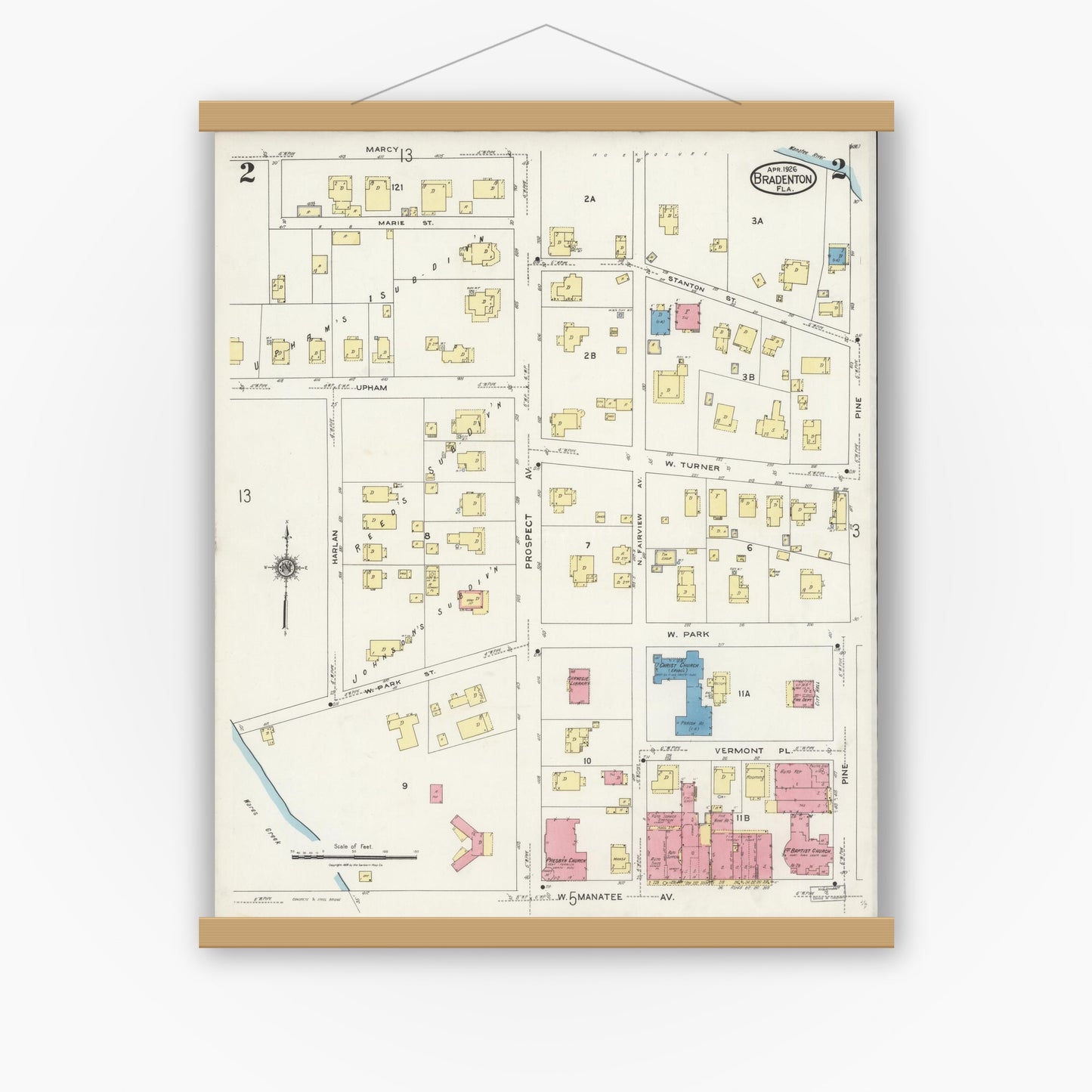 Old map wall art mockup — magnetic wood frame on white wall — Sanborn Fire Insurance Map from Bradentown, Manatee County, Florida (1926), Sheet #0002