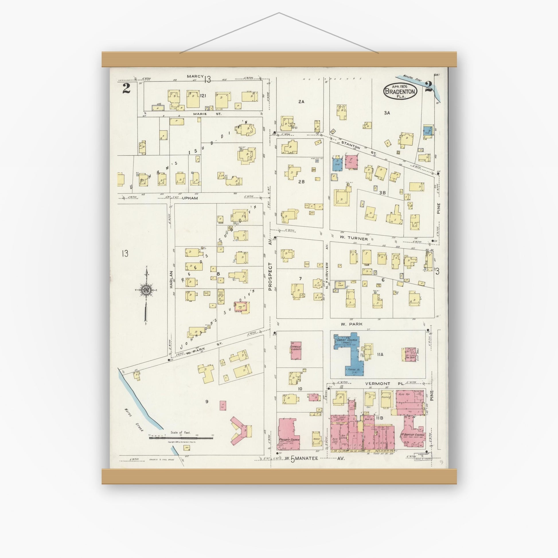 Old map wall art mockup — magnetic wood frame on white wall — Sanborn Fire Insurance Map from Bradentown, Manatee County, Florida (1926), Sheet #0002