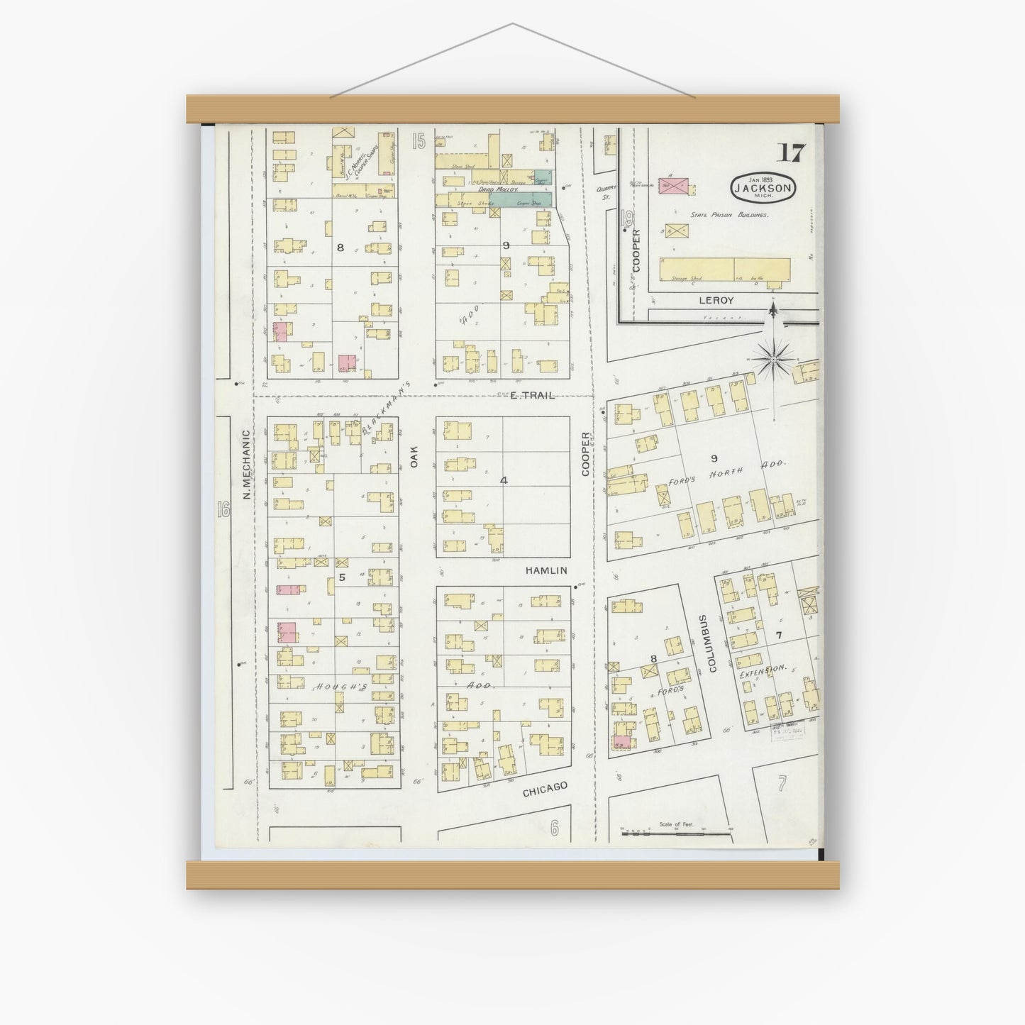 Old map wall art mockup — magnetic wood frame on white wall — Sanborn Fire Insurance Map from Jackson, Jackson County, Michigan (1893), Sheet #0017
