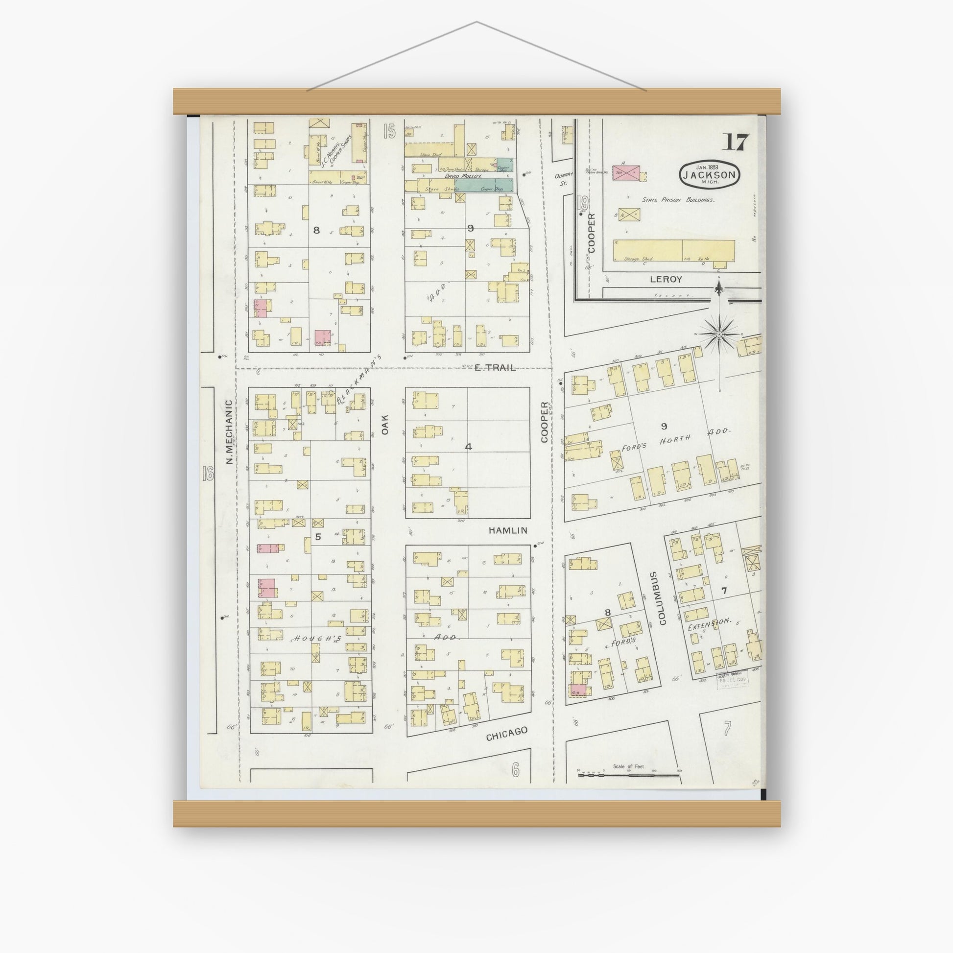 Old map wall art mockup — magnetic wood frame on white wall — Sanborn Fire Insurance Map from Jackson, Jackson County, Michigan (1893), Sheet #0017